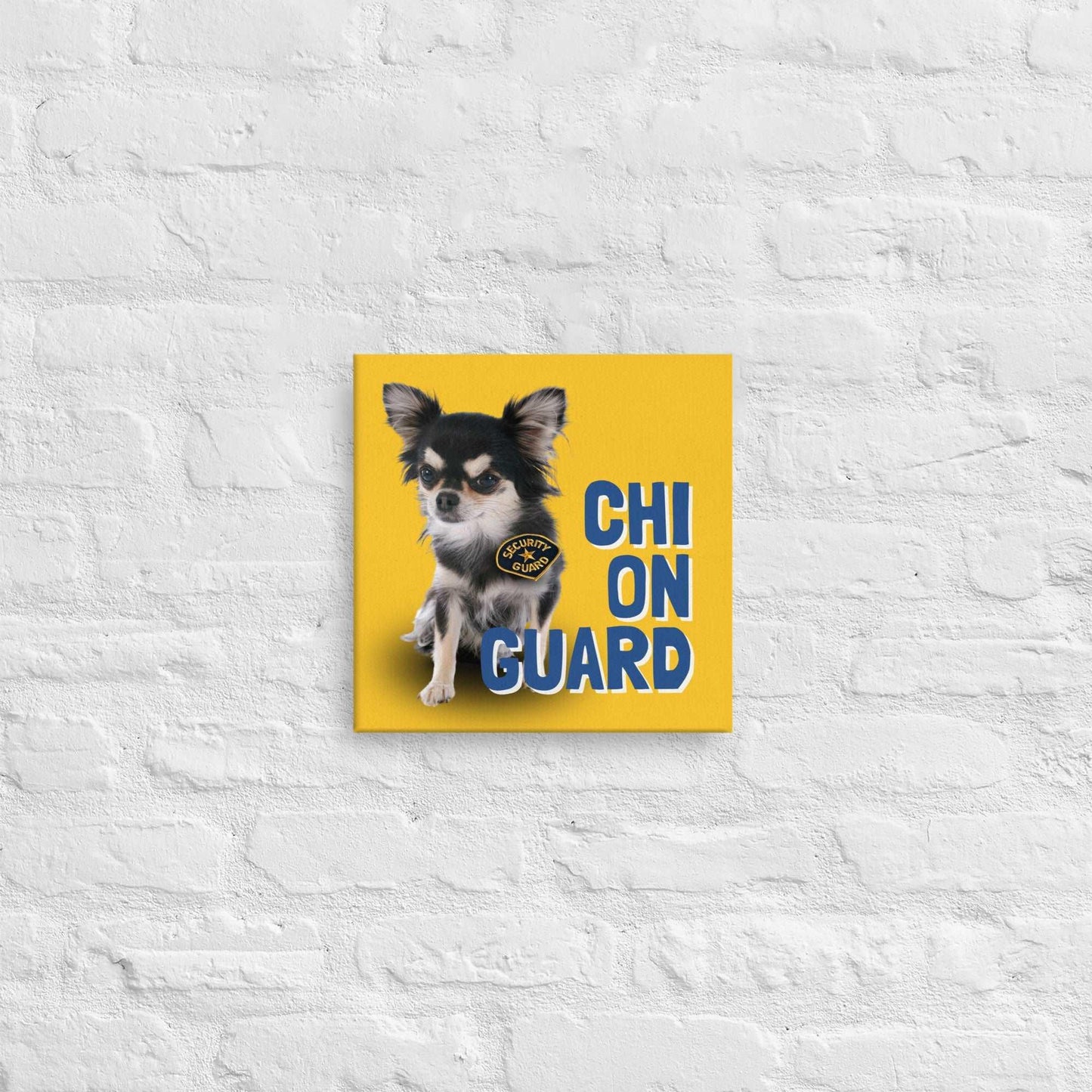 CHI ON GUARD - one of the famous Chimigos chihuahua memes. This is a vivid and fade resistant art print on a stretched canvas. A handsome longhaired chihuahua wears an official security badge and you better watch out because they are on guard. Looks can be deceiving. Beware of the chi! A funny and stylish gift idea for someone whose house is guarded by a cute but bossy little chi. Perfect for the new chihuahua parent or as a housewarming gift! Bright colours - yellow and blue.