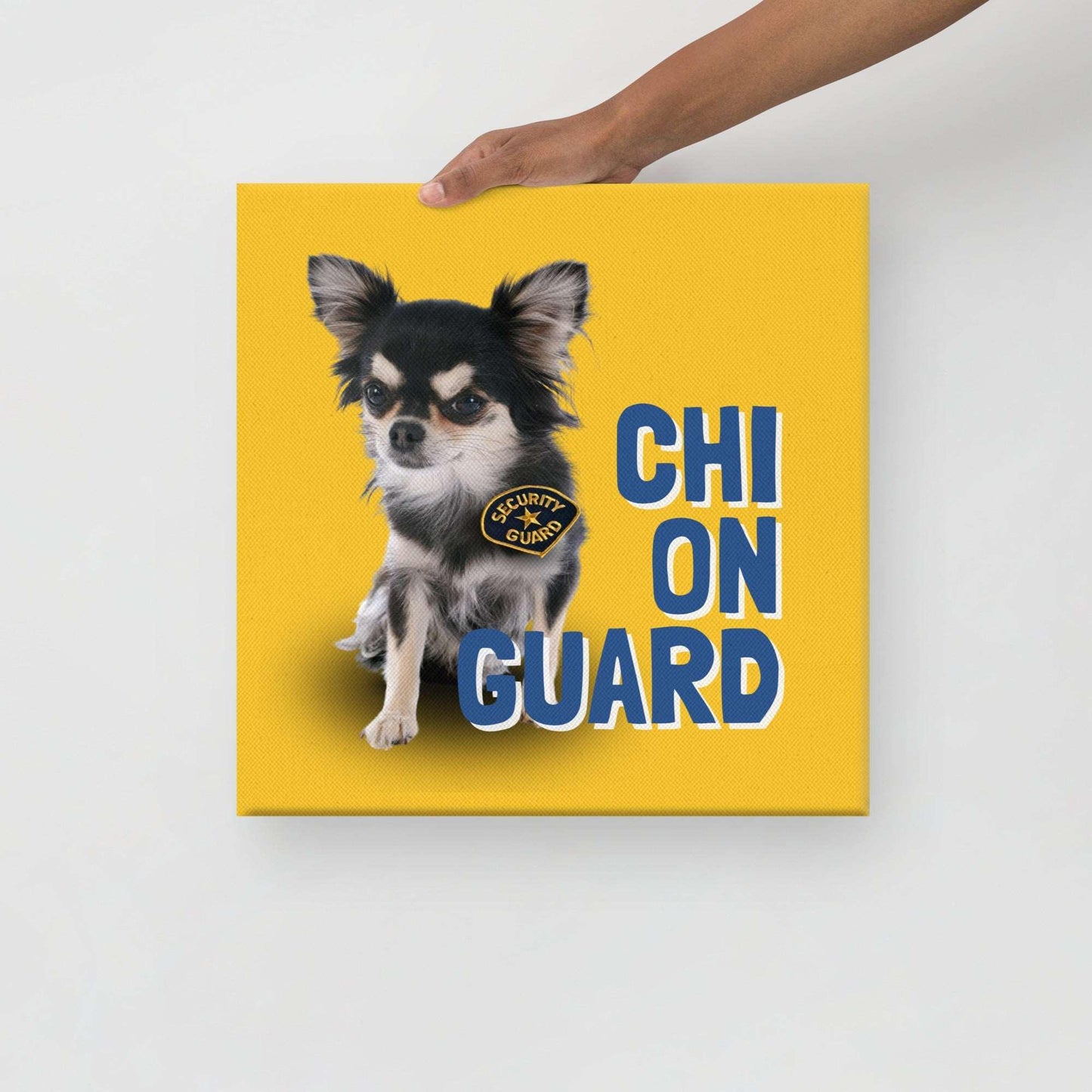 CHI ON GUARD - one of the famous Chimigos chihuahua memes. This is a vivid and fade resistant art print on a stretched canvas. A handsome longhaired chihuahua wears an official security badge and you better watch out because they are on guard. Looks can be deceiving. Beware of the chi! A funny and stylish gift idea for someone whose house is guarded by a cute but bossy little chi. Perfect for the new chihuahua parent or as a housewarming gift! Bright colours - yellow and blue.