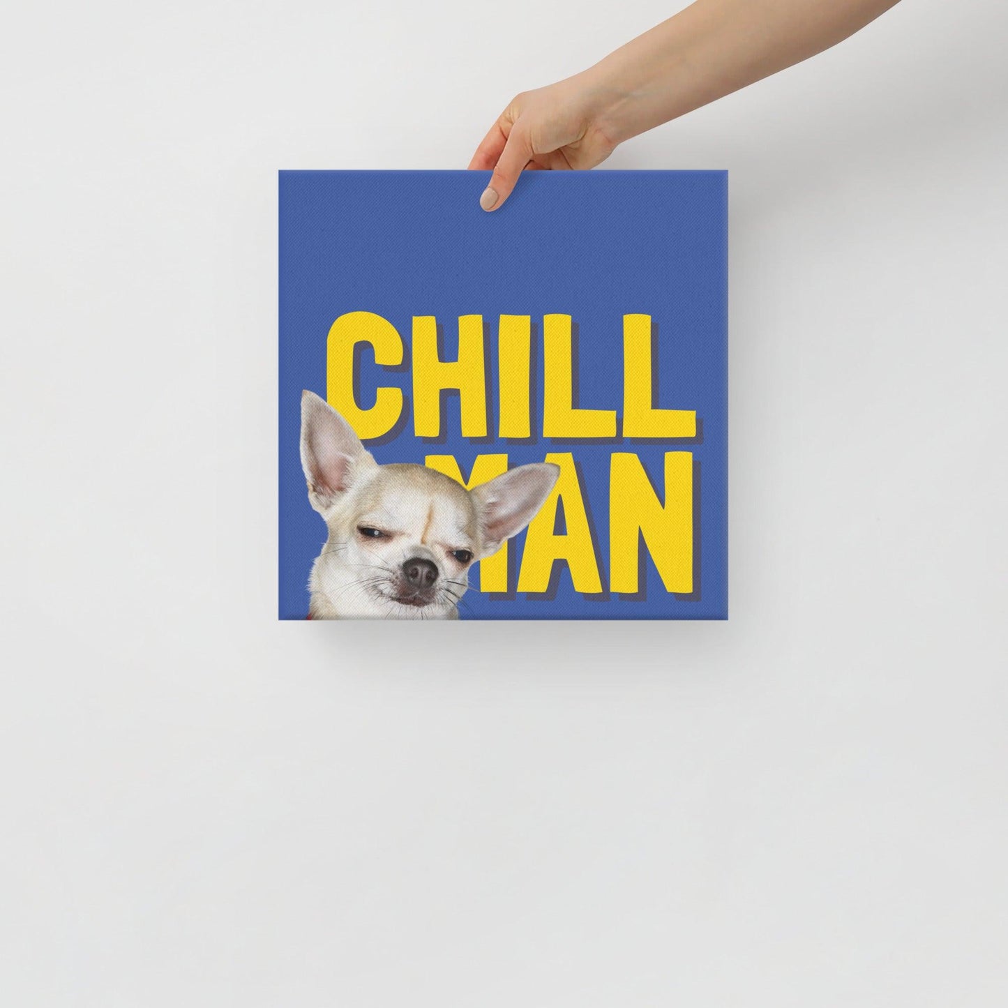 CHILL MAN - one of the famous Chimigos chihuahua memes. This is a vivid and fade resistant art print on a stretched canvas. A super chill chi has just two words of advice for you: CHILL MAN. The perfect gift for anyone who needs to lighten up! Bright colours - blue and yellow.