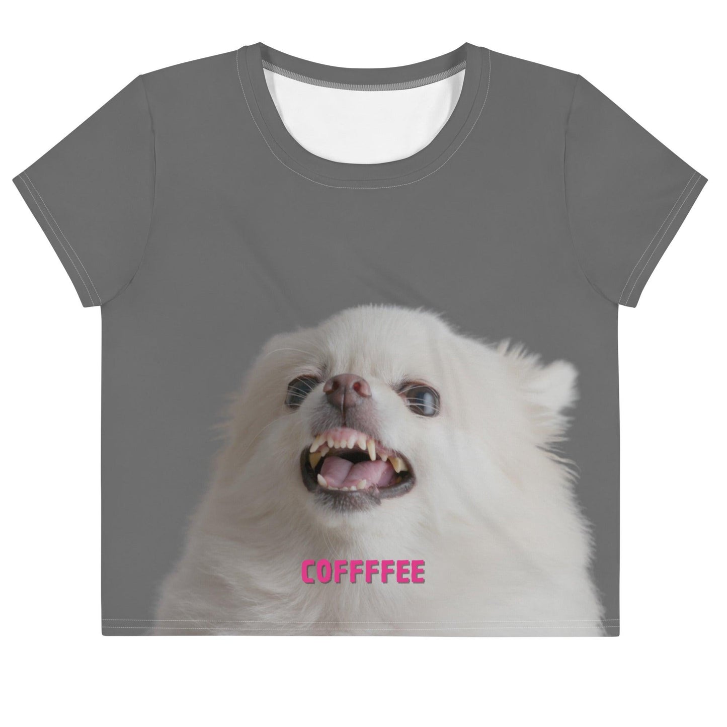 COFFFFEE - grey women's crop top. A cute and fluffy white chihuahua is feeling tetchy first thing in the morning and barking - snapping - their order for coffee. (Top of the morning to you too, coffee diva.) Best shut up and put the kettle on already! This adorable chihuahua meme crop top is a funny and trendy gift idea for someone who loves chihuahuas and coffee.