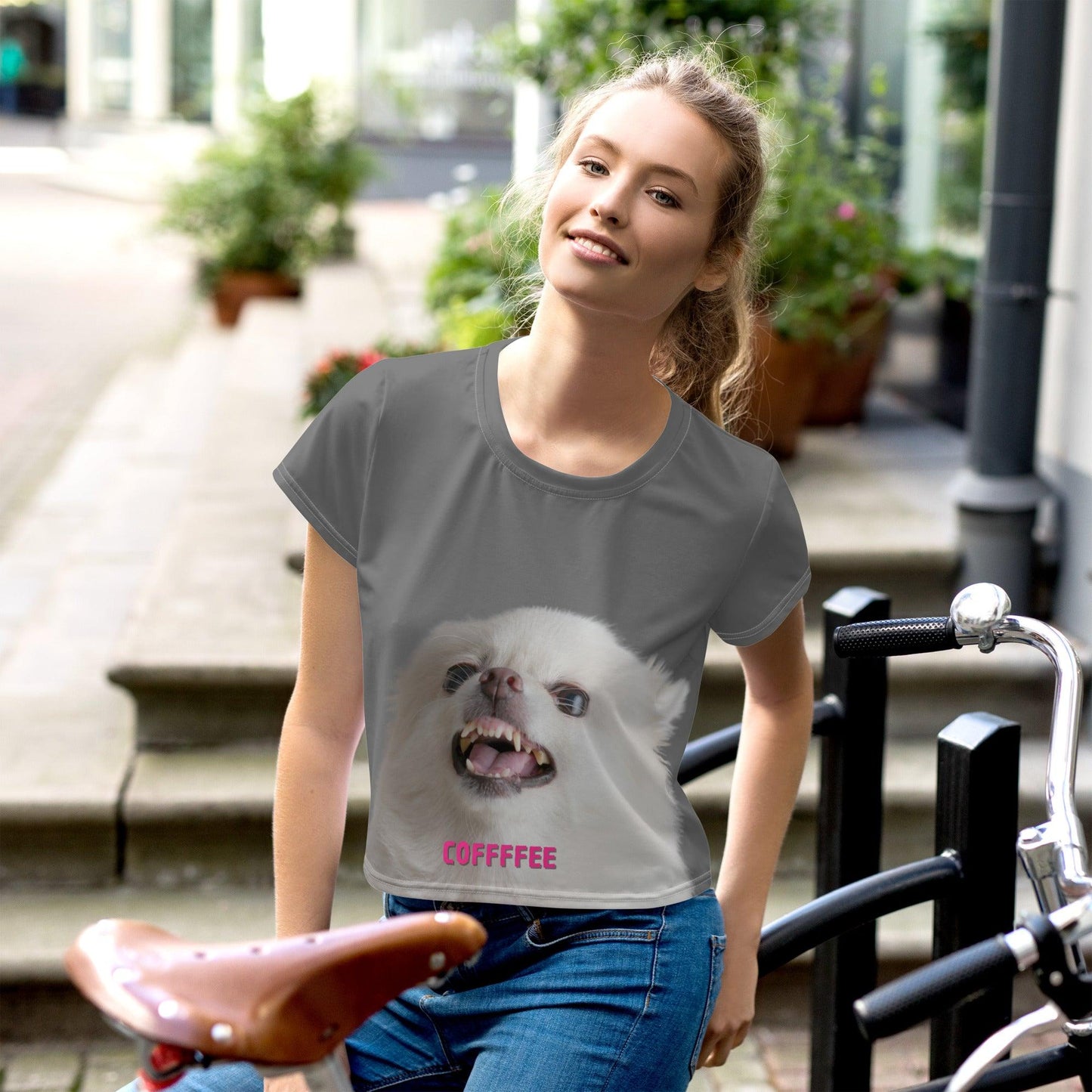 COFFFFEE - grey women's crop top. A cute and fluffy white chihuahua is feeling tetchy first thing in the morning and barking - snapping - their order for coffee. (Top of the morning to you too, coffee diva.) Best shut up and put the kettle on already! This adorable chihuahua meme crop top is a funny and trendy gift idea for someone who loves chihuahuas and coffee.
