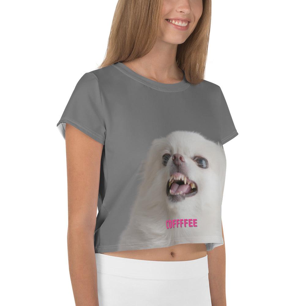 COFFFFEE - grey women's crop top. A cute and fluffy white chihuahua is feeling tetchy first thing in the morning and barking - snapping - their order for coffee. (Top of the morning to you too, coffee diva.) Best shut up and put the kettle on already! This adorable chihuahua meme crop top is a funny and trendy gift idea for someone who loves chihuahuas and coffee.