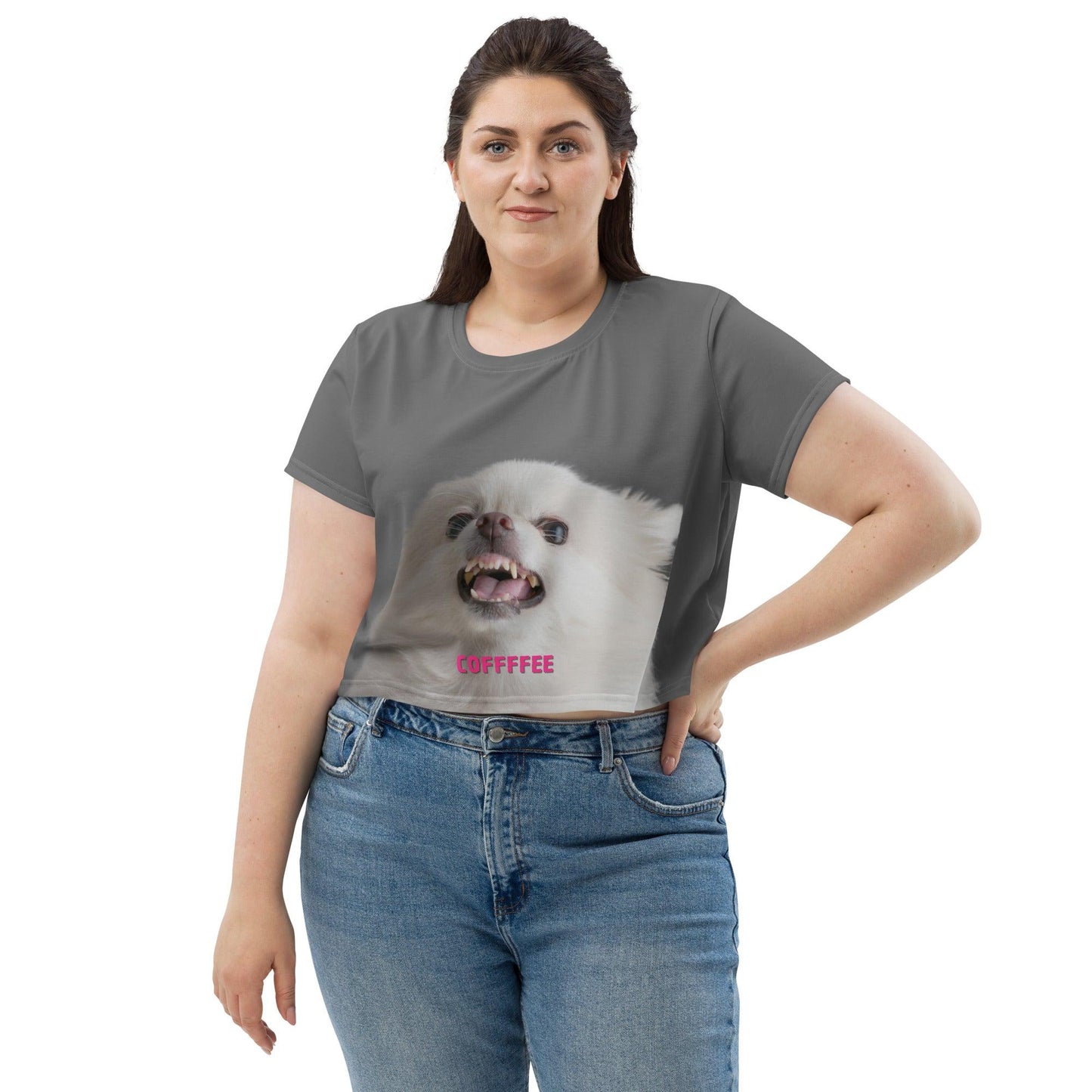 COFFFFEE - grey women's crop top. A cute and fluffy white chihuahua is feeling tetchy first thing in the morning and barking - snapping - their order for coffee. (Top of the morning to you too, coffee diva.) Best shut up and put the kettle on already! This adorable chihuahua meme crop top is a funny and trendy gift idea for someone who loves chihuahuas and coffee.