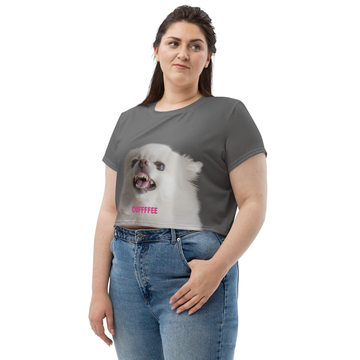 COFFFFEE - grey women's crop top. A cute and fluffy white chihuahua is feeling tetchy first thing in the morning and barking - snapping - their order for coffee. (Top of the morning to you too, coffee diva.) Best shut up and put the kettle on already! This adorable chihuahua meme crop top is a funny and trendy gift idea for someone who loves chihuahuas and coffee.