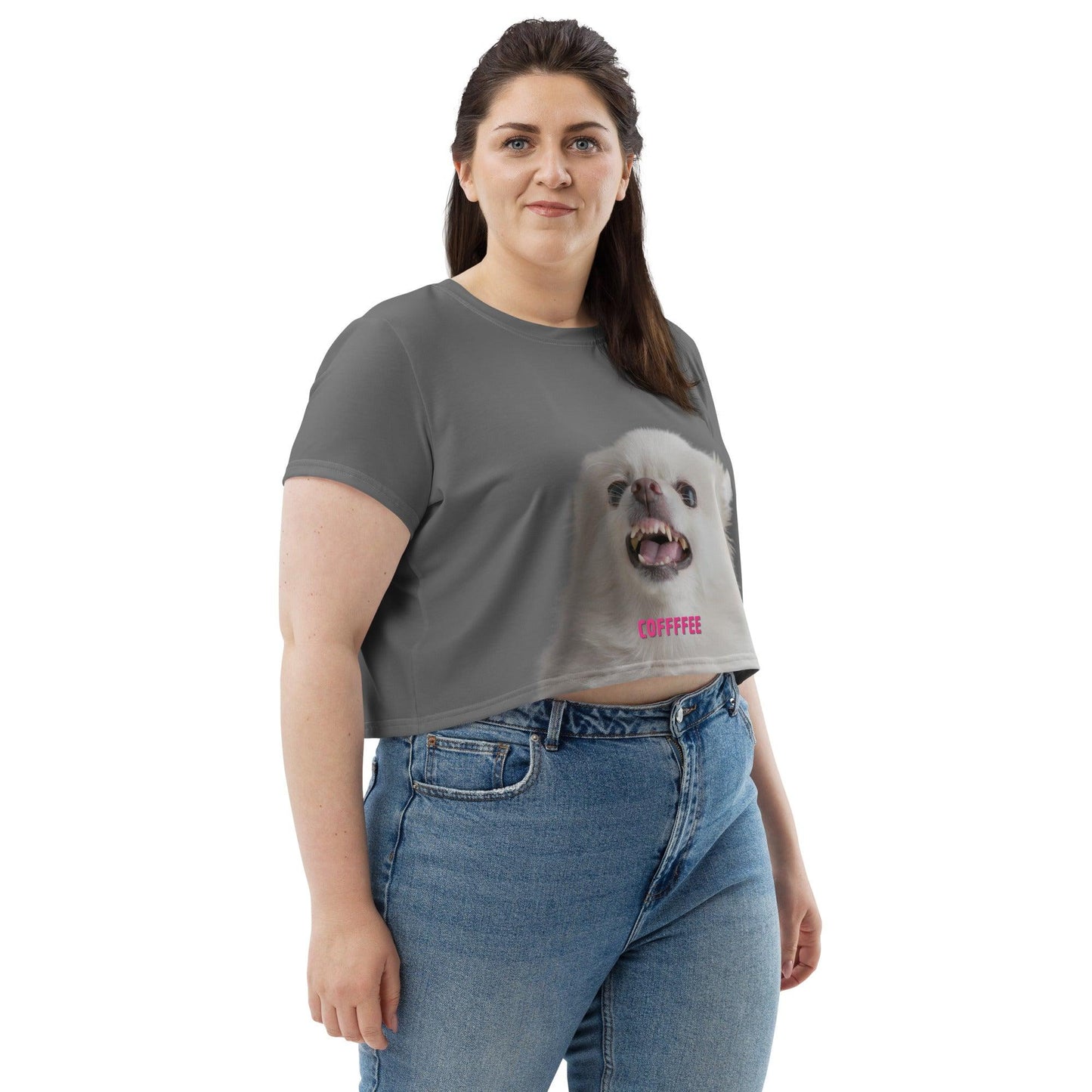 COFFFFEE - grey women's crop top. A cute and fluffy white chihuahua is feeling tetchy first thing in the morning and barking - snapping - their order for coffee. (Top of the morning to you too, coffee diva.) Best shut up and put the kettle on already! This adorable chihuahua meme crop top is a funny and trendy gift idea for someone who loves chihuahuas and coffee.