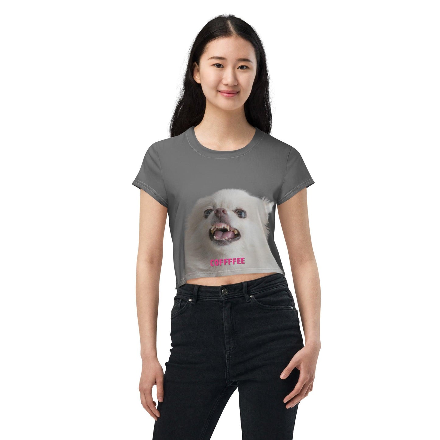 COFFFFEE - grey women's crop top. A cute and fluffy white chihuahua is feeling tetchy first thing in the morning and barking - snapping - their order for coffee. (Top of the morning to you too, coffee diva.) Best shut up and put the kettle on already! This adorable chihuahua meme crop top is a funny and trendy gift idea for someone who loves chihuahuas and coffee.