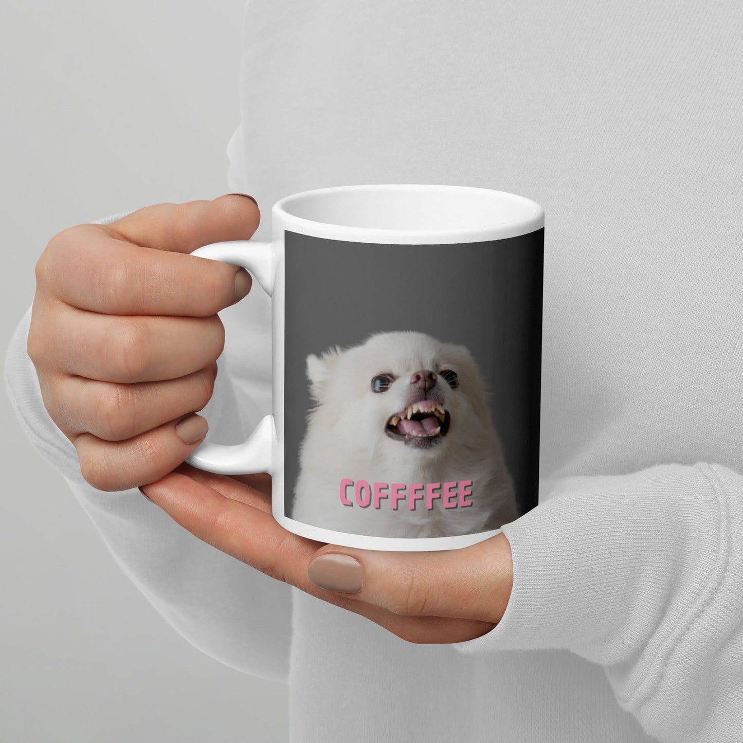 COFFFFEE - chihuahua meme coffee mug. A cute and fluffy white chihuahua is feeling tetchy first thing in the morning and barking - snapping - their order for coffee. (Top of the morning to you too, coffee diva.) Best shut up and put the kettle on already! This adorable chihuahua meme mug makes a funny yet stylish gift idea for someone who loves chihuahuas and coffee. Or a warning to everyone that you're not a morning person.