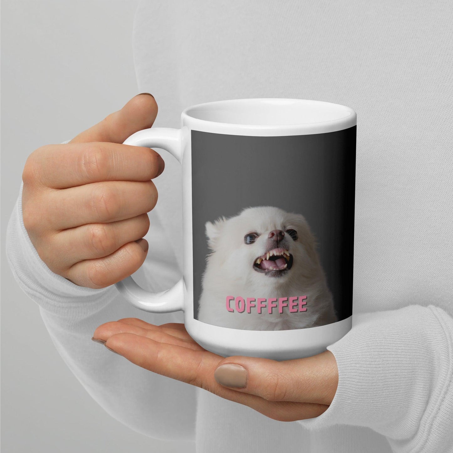 COFFFFEE - chihuahua meme coffee mug. A cute and fluffy white chihuahua is feeling tetchy first thing in the morning and barking - snapping - their order for coffee. (Top of the morning to you too, coffee diva.) Best shut up and put the kettle on already! This adorable chihuahua meme mug makes a funny yet stylish gift idea for someone who loves chihuahuas and coffee. Or a warning to everyone that you're not a morning person.
