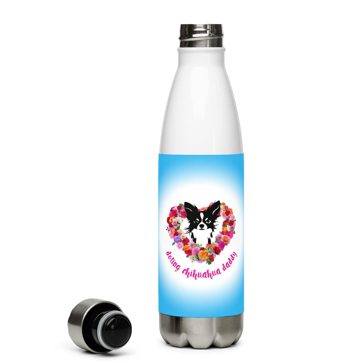 Doting Chihuahua Daddy 500ml double-walled stainless steel vacuum flask / water bottle with leak-proof cap. Keeps drinks hot or cold up to 6 hours. Real men love chihuahuas. Chihuahua daddies are sexy! Forget guns and roses; Chimigos gives you chihuahuas and roses. Divine. Adorable. Slay. SEXY! This chihuahua and roses bottle make the perfect Father's Day / birthday / Christmas gift for a doting chihuahua daddy. Design by Renate Kriegler for Chimigos.