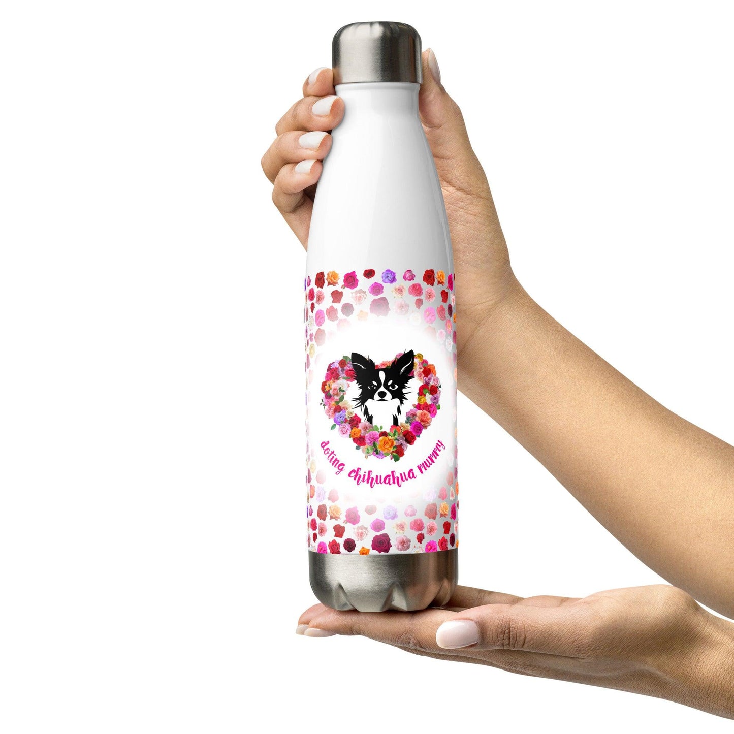 Doting Chihuahua Mummy 500ml double-walled stainless steel vacuum flask / water bottle with leak-proof cap. Keeps drinks hot or cold up to 6 hours. There's something so special about the bond between a girl and her chi baby. These cute little dogs charm their way deep into their mum's heart. This adorable chihuahua and roses flask makes a cute Mother's Day / birthday / Christmas gift for a doting chihuahua mummy. "Aw" guaranteed! Design by Renate Kriegler for Chimigos.