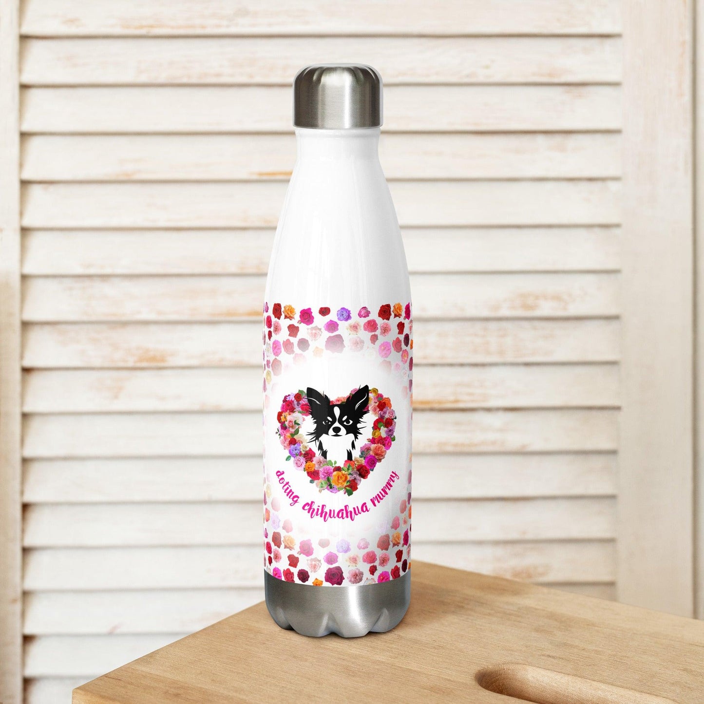 Doting Chihuahua Mummy 500ml double-walled stainless steel vacuum flask / water bottle with leak-proof cap. Keeps drinks hot or cold up to 6 hours. There's something so special about the bond between a girl and her chi baby. These cute little dogs charm their way deep into their mum's heart. This adorable chihuahua and roses flask makes a cute Mother's Day / birthday / Christmas gift for a doting chihuahua mummy. "Aw" guaranteed! Design by Renate Kriegler for Chimigos.