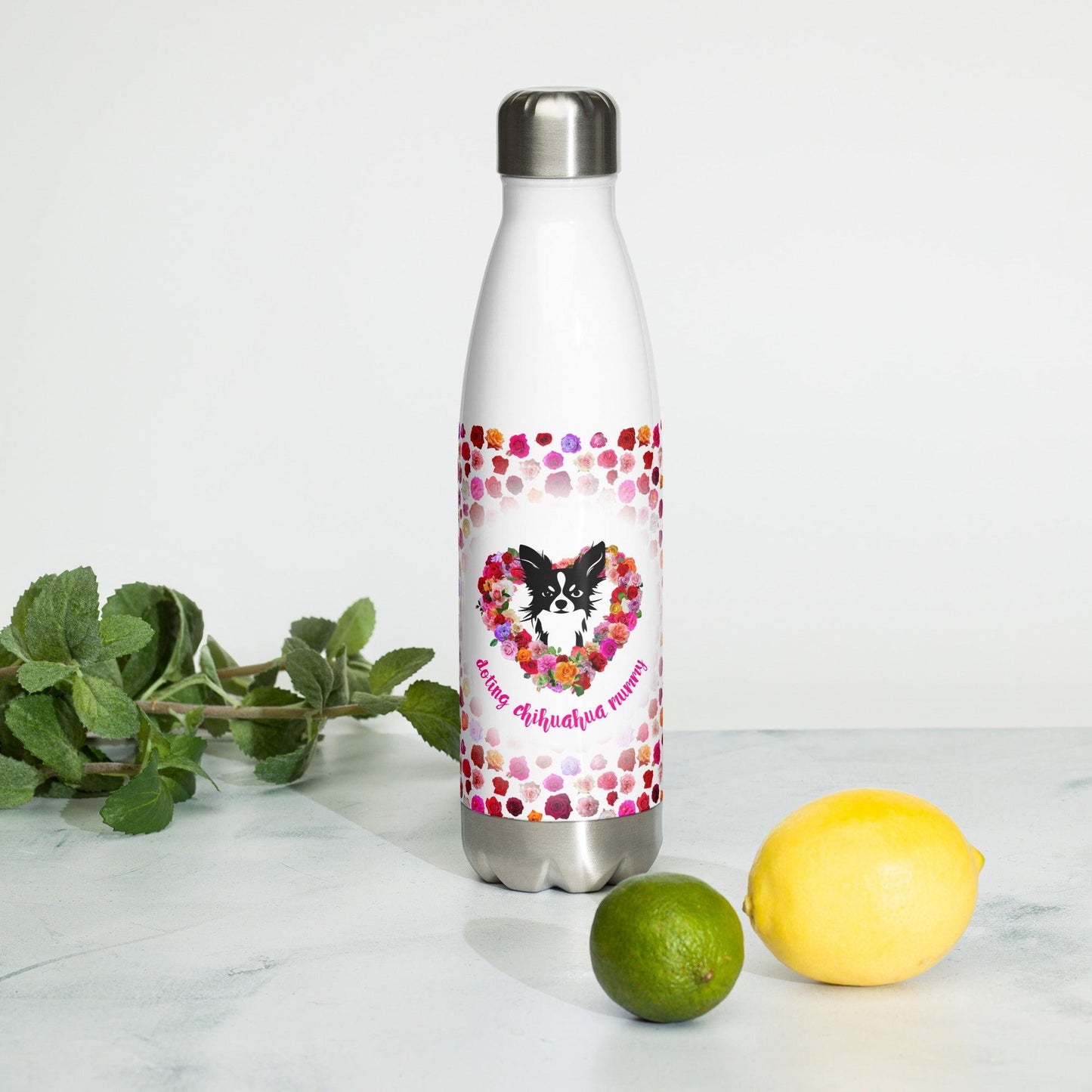 Doting Chihuahua Mummy 500ml double-walled stainless steel vacuum flask / water bottle with leak-proof cap. Keeps drinks hot or cold up to 6 hours. There's something so special about the bond between a girl and her chi baby. These cute little dogs charm their way deep into their mum's heart. This adorable chihuahua and roses flask makes a cute Mother's Day / birthday / Christmas gift for a doting chihuahua mummy. "Aw" guaranteed! Design by Renate Kriegler for Chimigos.