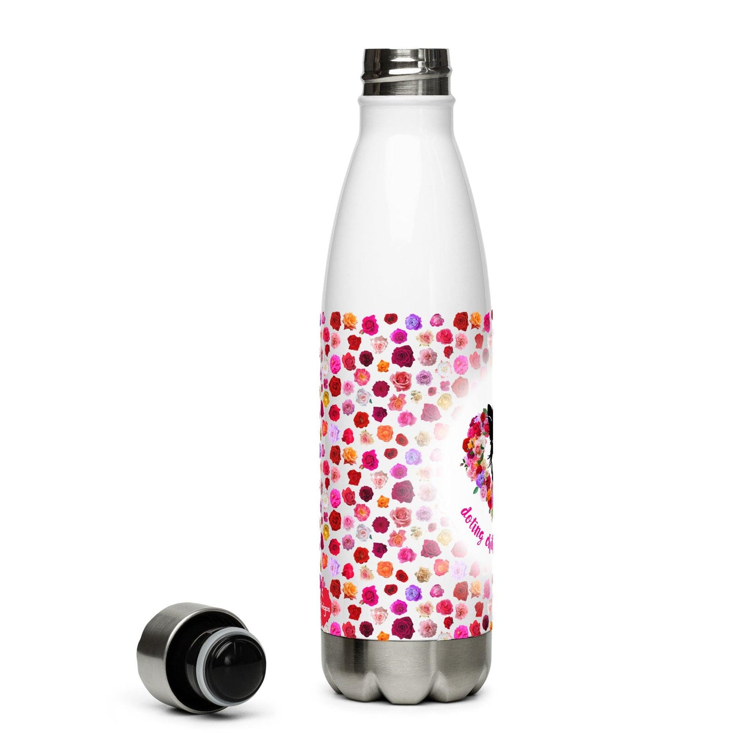 Doting Chihuahua Mummy 500ml double-walled stainless steel vacuum flask / water bottle with leak-proof cap. Keeps drinks hot or cold up to 6 hours. There's something so special about the bond between a girl and her chi baby. These cute little dogs charm their way deep into their mum's heart. This adorable chihuahua and roses flask makes a cute Mother's Day / birthday / Christmas gift for a doting chihuahua mummy. "Aw" guaranteed! Design by Renate Kriegler for Chimigos.