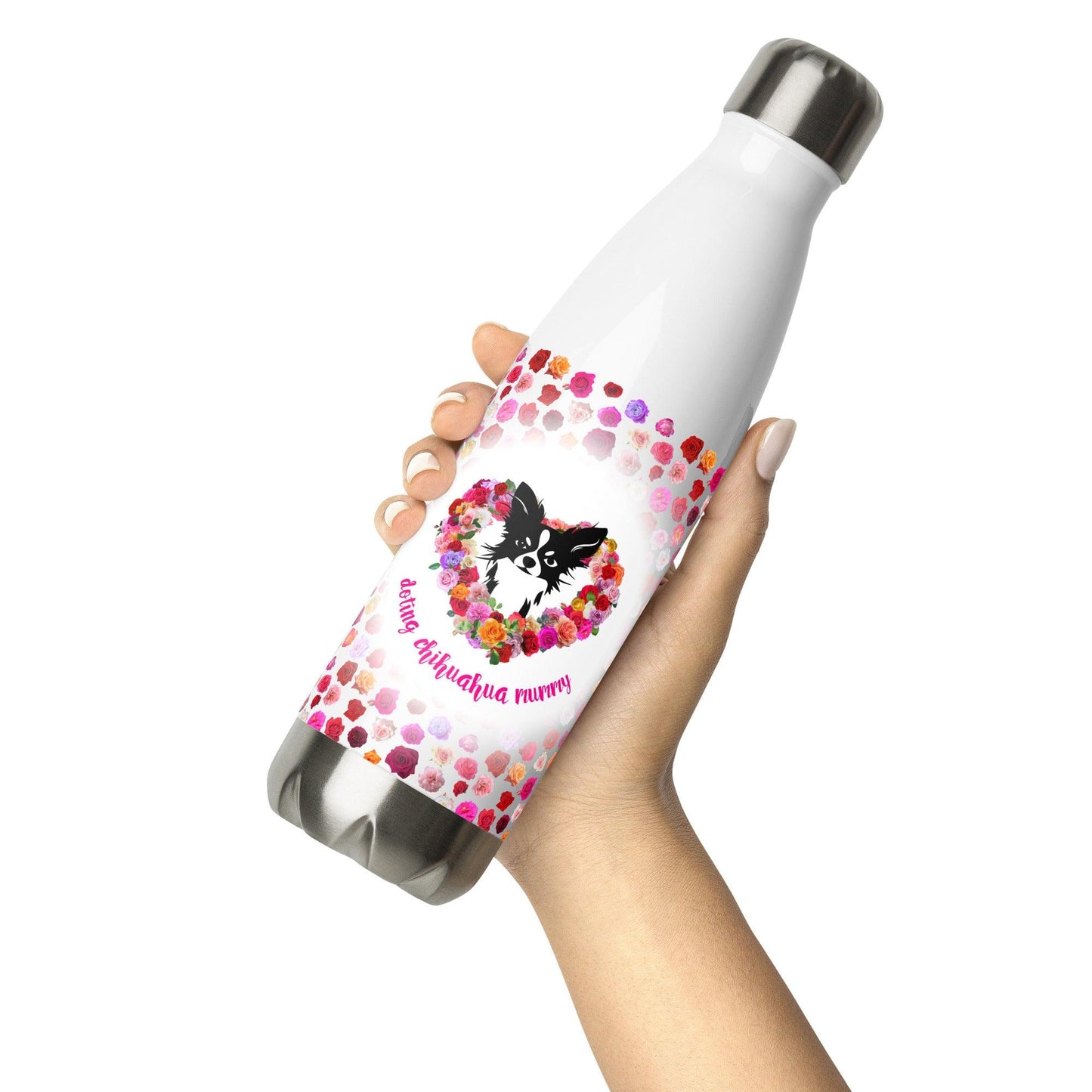 Doting Chihuahua Mummy 500ml double-walled stainless steel vacuum flask / water bottle with leak-proof cap. Keeps drinks hot or cold up to 6 hours. There's something so special about the bond between a girl and her chi baby. These cute little dogs charm their way deep into their mum's heart. This adorable chihuahua and roses flask makes a cute Mother's Day / birthday / Christmas gift for a doting chihuahua mummy. "Aw" guaranteed! Design by Renate Kriegler for Chimigos.