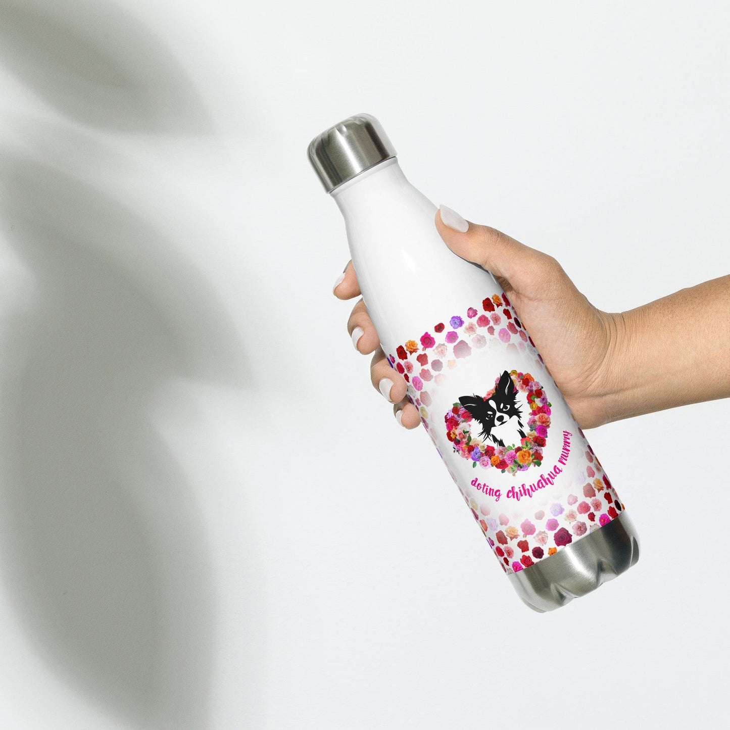 Doting Chihuahua Mummy 500ml double-walled stainless steel vacuum flask / water bottle with leak-proof cap. Keeps drinks hot or cold up to 6 hours. There's something so special about the bond between a girl and her chi baby. These cute little dogs charm their way deep into their mum's heart. This adorable chihuahua and roses flask makes a cute Mother's Day / birthday / Christmas gift for a doting chihuahua mummy. "Aw" guaranteed! Design by Renate Kriegler for Chimigos.