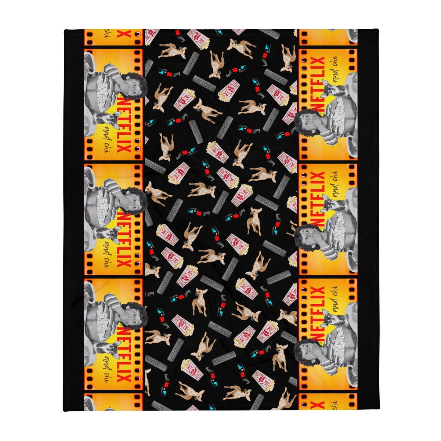 What's better than a Saturday night at home doing Netflix and Chill? Netflix and CHI! If your best Netflix and Chill sofa buddy is a little chihuahua, then this fun Netflix and Chi throw blanket is meant for you. Or a brilliant gift for chihuahua parents. This cosy and silky blanket features two "film reels" with a boy and his chihuahua pal watching a scary movie together, and the words "Netflix and Chi". The black background is scattered with popcorn, chihuahuas, 3D glasses and TV remotes.