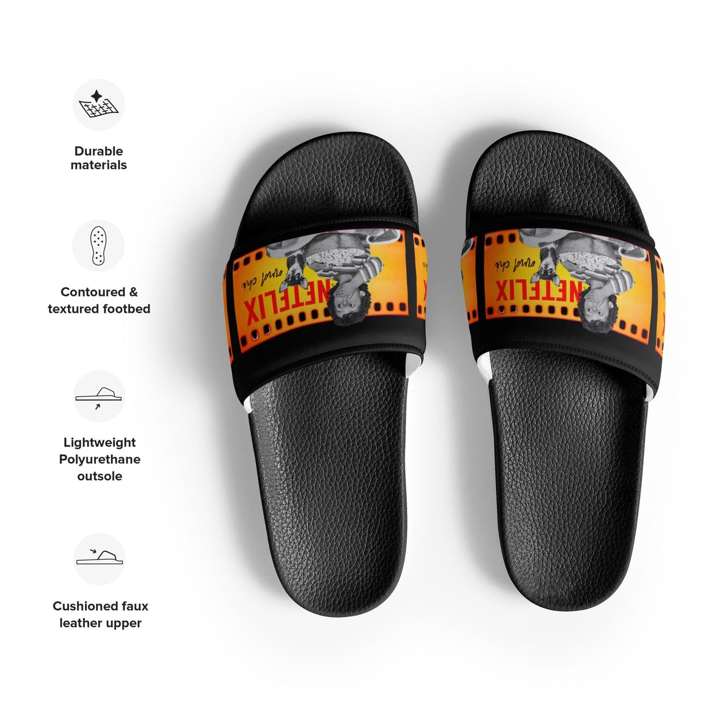 What's better than Netflix and Chill? Netflix and CHI! If your Netflix and Chill sofa buddy is a chihuahua, these cool Netflix and Chi women's slides are for you. Or a brilliant gift for a chihuahua mum. The faux leather straps feature a boy and his chihuahua pal watching a scary movie together, and the words "Netflix and Chi" against a black background. Let your weary feet chill too in the cushioned upper straps and the contoured, textured foot beds. Design by Renate Kriegler for Chimigos.