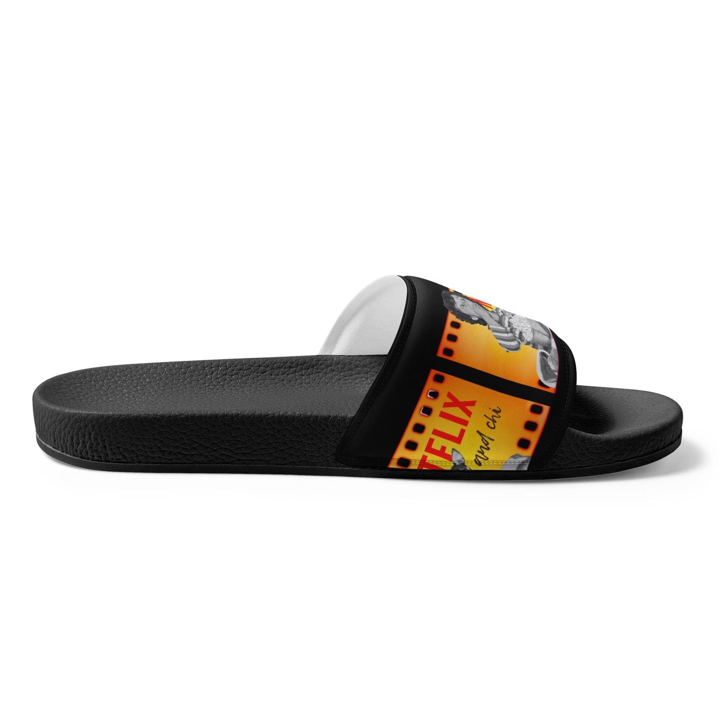What's better than Netflix and Chill? Netflix and CHI! If your Netflix and Chill sofa buddy is a chihuahua, these cool Netflix and Chi women's slides are for you. Or a brilliant gift for a chihuahua mum. The faux leather straps feature a boy and his chihuahua pal watching a scary movie together, and the words "Netflix and Chi" against a black background. Let your weary feet chill too in the cushioned upper straps and the contoured, textured foot beds. Design by Renate Kriegler for Chimigos.