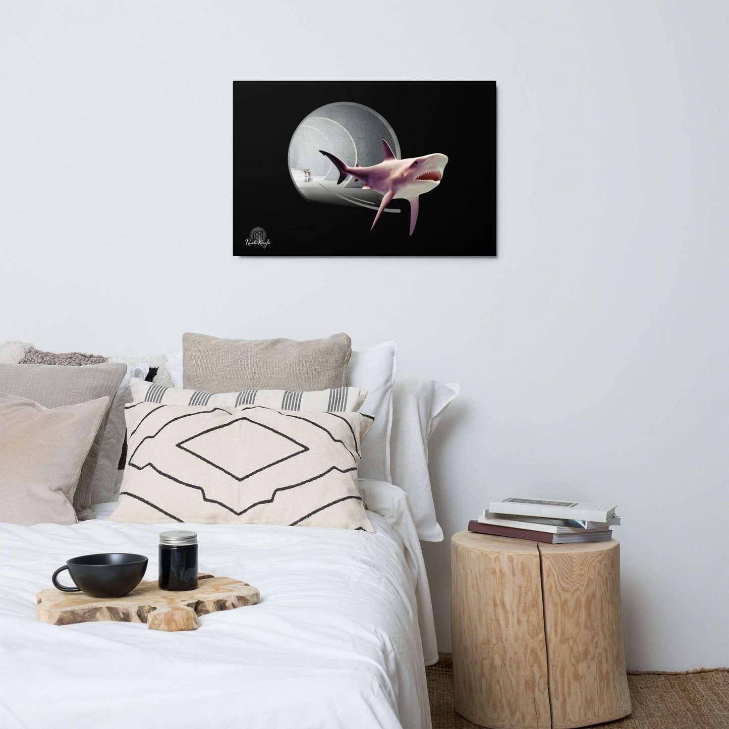 This digital art collage features a terrified great white shark fleeing for his life from a tunnel guarded by a feisty and vicious little chihuahua who looks on cheekily with a little wink and smirk. Mostly grey and silver on a black background. Features the thumbprint monogram of artist Renate Kriegler, owner of Chimigos - for the love of chihuahuas. Metal art print on durable aluminum.