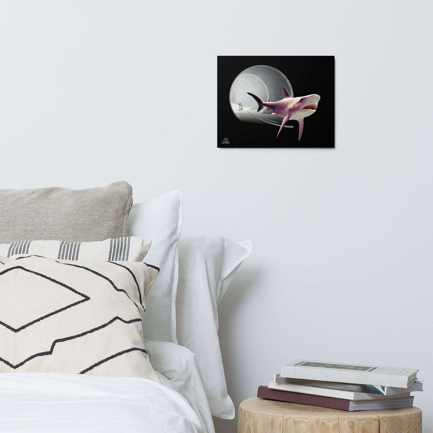 This digital art collage features a terrified great white shark fleeing for his life from a tunnel guarded by a feisty and vicious little chihuahua who looks on cheekily with a little wink and smirk. Mostly grey and silver on a black background. Features the thumbprint monogram of artist Renate Kriegler, owner of Chimigos - for the love of chihuahuas. Metal art print on durable aluminum.