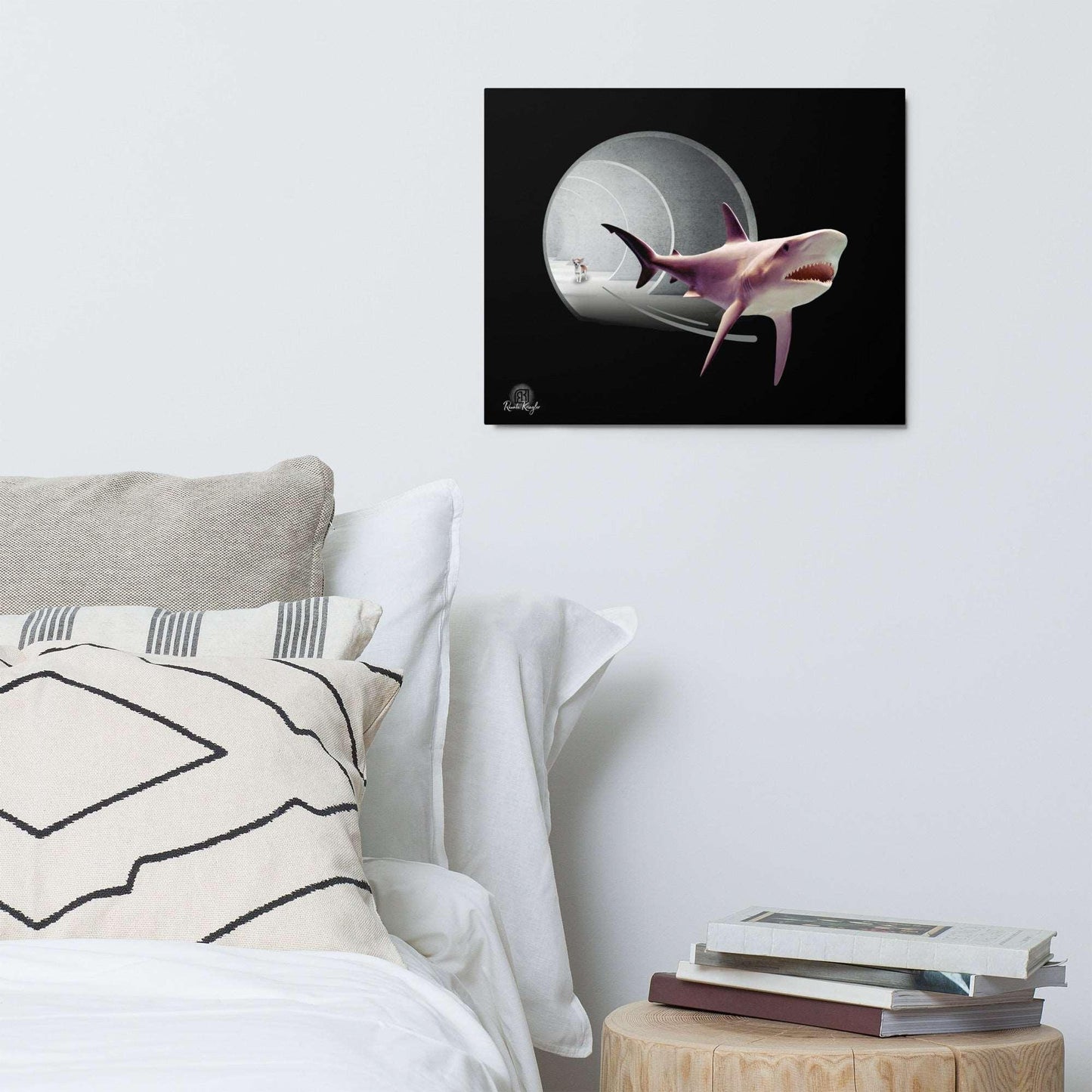 This digital art collage features a terrified great white shark fleeing for his life from a tunnel guarded by a feisty and vicious little chihuahua who looks on cheekily with a little wink and smirk. Mostly grey and silver on a black background. Features the thumbprint monogram of artist Renate Kriegler, owner of Chimigos - for the love of chihuahuas. Metal art print on durable aluminum.