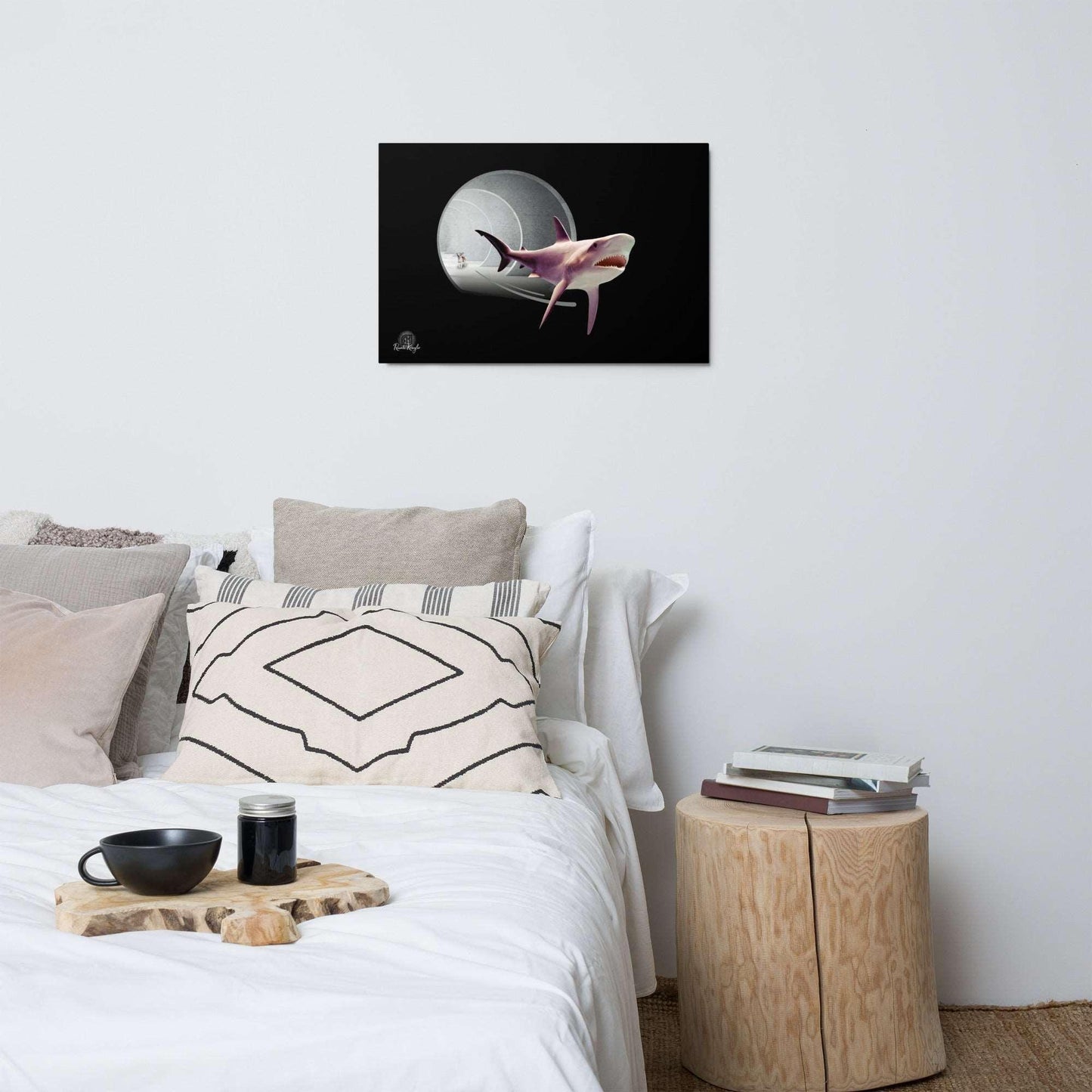 This digital art collage features a terrified great white shark fleeing for his life from a tunnel guarded by a feisty and vicious little chihuahua who looks on cheekily with a little wink and smirk. Mostly grey and silver on a black background. Features the thumbprint monogram of artist Renate Kriegler, owner of Chimigos - for the love of chihuahuas. Metal art print on durable aluminum.