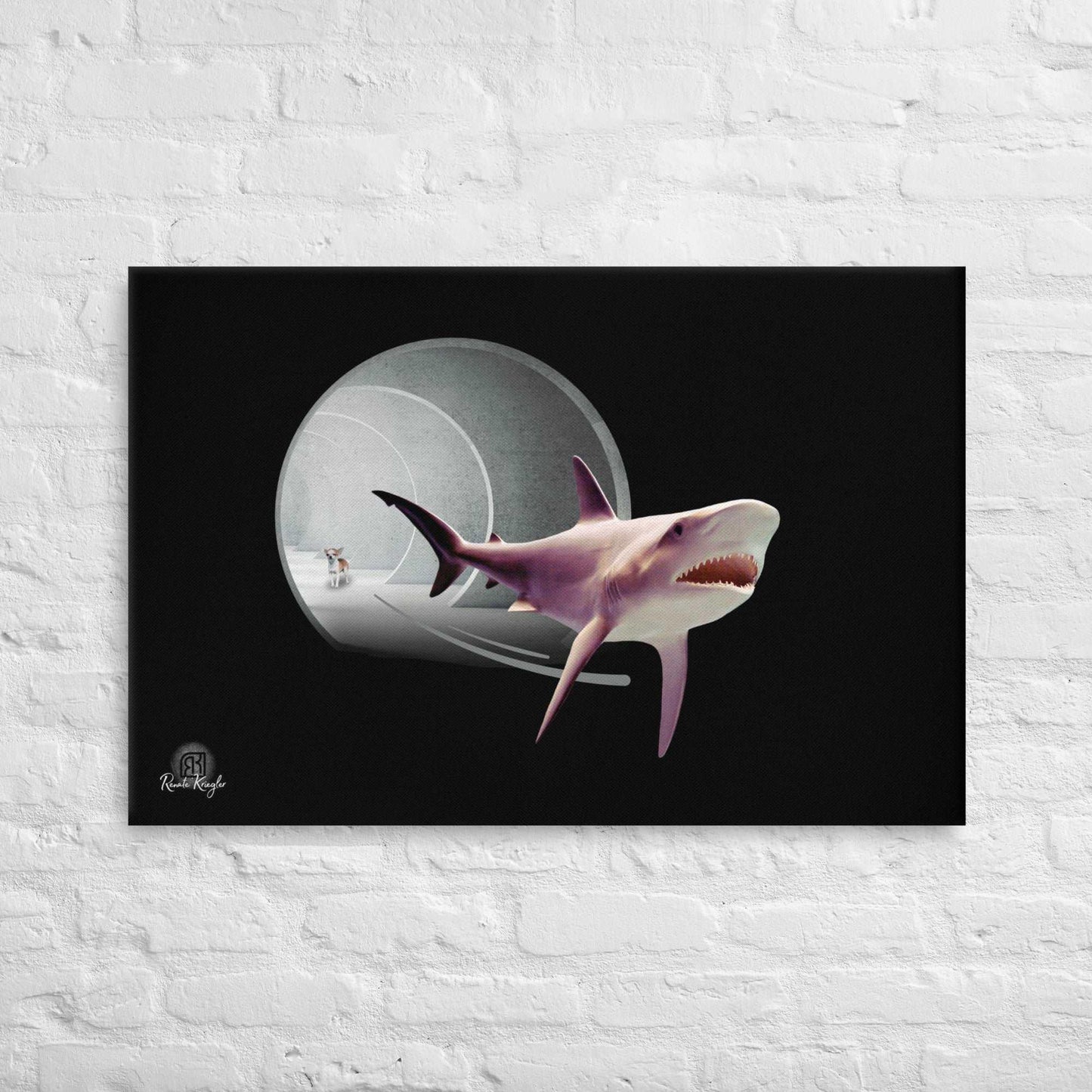This digital art collage features a terrified great white shark fleeing for his life from a tunnel guarded by a feisty and vicious little chihuahua who looks on cheekily with a little wink and smirk. Mostly grey and silver on a black background. Features the thumbprint monogram of artist Renate Kriegler, owner of Chimigos - for the love of chihuahuas. Printed canvas wall art.