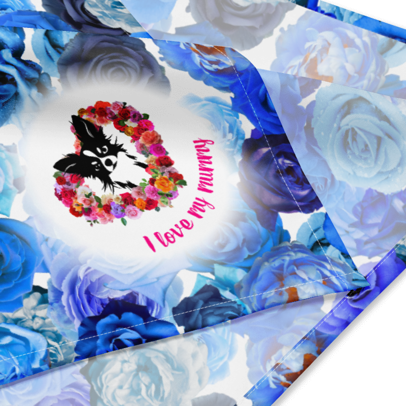 There's something so special about the bond between a girl and her chi boy. These cute little dogs charm their way deep into their mum's heart. This adorable bandana covered in blue roses features a chihuahua surrounded by a love heart of roses and the words "I love my Mummy". It would make a cute Mother's Day / birthday / Christmas gift for a doting chihuahua mummy, or indeed a Xmas or birthday gift for their special little chihuahua boy. "Aw" guaranteed!