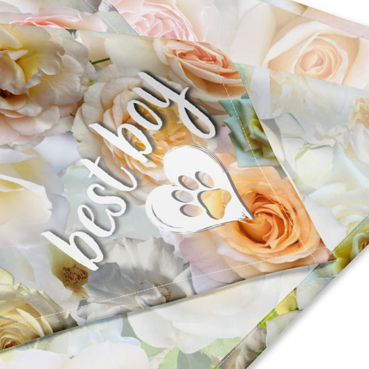 Who's a good boy? You wouldn't dream of getting married without your best friend, your four-legged baby, joining in the ceremony. Whether he's to be your Dog of Honour or the Ring Bearer, this "Best Boy" dog bandana with a ramble of white roses is all he needs to look dapper in your wedding pictures. He really is the best boy!