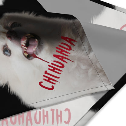 BEWARE OF THE CHIHUAHUA - one of the famous Chimigos chihuahua memes. Perfect for Halloween.  An angelic fluffy white chihuahua with bloody fangs reminds us that looks can be deceiving. Beware of the chihuahua!  This zombie chihuahua Halloween bandana makes an instant Halloween outfit for your chi. It matches the human bandanas, hoodies, baby vests, etc. in our Beware of the Chihuahua collection, so why not dress up the whole family?!