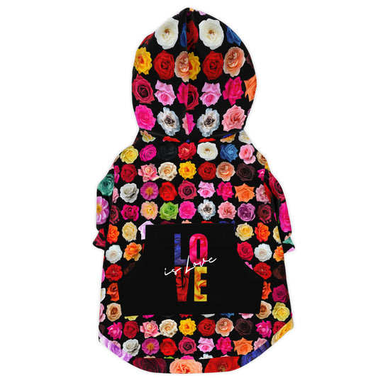 This multi-coloured rose print dog jacket sports a hoody, handy velcro pouch pocket on the back saying "Love is Love", and leash access for a harness. The inside is brushed fleece to keep your furry friend cosy. The pattern and colours were carefully chosen for practicality. There's no point in a pretty white and pink jacket when your best friend loves to play in the mud! And of course it's unisex. Design by Renate Kriegler for Chimigos.