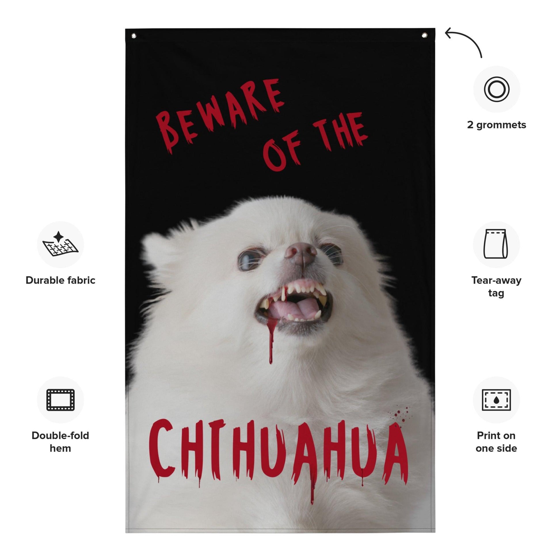 An angelic fluffy white chihuahua with bloody fangs reminds us that looks can be deceiving. Beware of the chihuahua!  This zombie chihuahua Halloween flag gives you instant Halloween vibes with minimal effort. Made well from durable knitted polyester, this flag can be folded and put away to reuse year after year. Let's stop the throw-away Halloween decor culture!