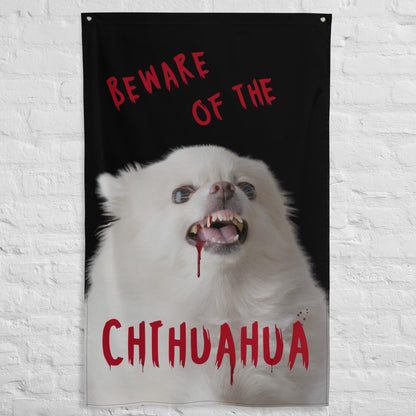 An angelic fluffy white chihuahua with bloody fangs reminds us that looks can be deceiving. Beware of the chihuahua!  This zombie chihuahua Halloween flag gives you instant Halloween vibes with minimal effort. Made well from durable knitted polyester, this flag can be folded and put away to reuse year after year. Let's stop the throw-away Halloween decor culture!