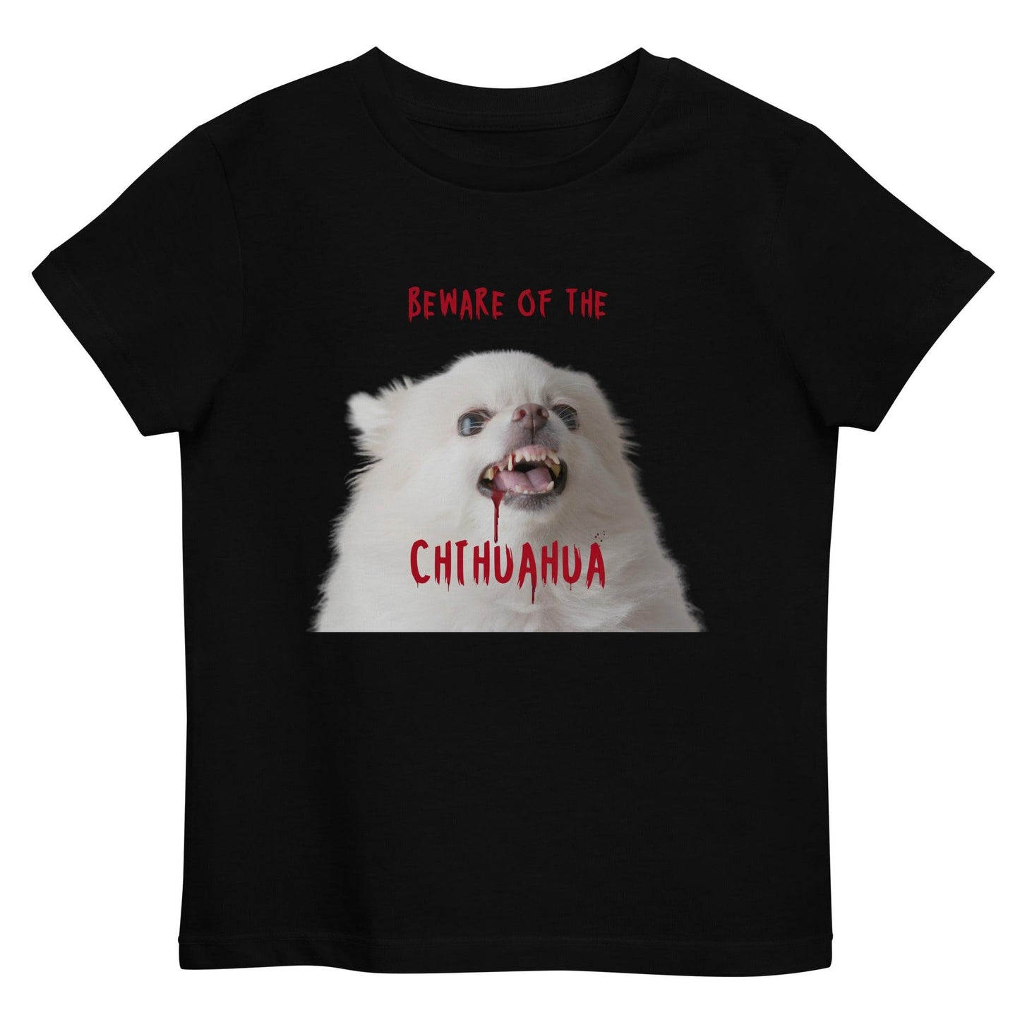 Beware of the Chihuahua - Zombie Chihuahua - organic cotton black Halloween t-shirt for kids age 3-14 years. Design by Renate Kriegler for Chimigos.