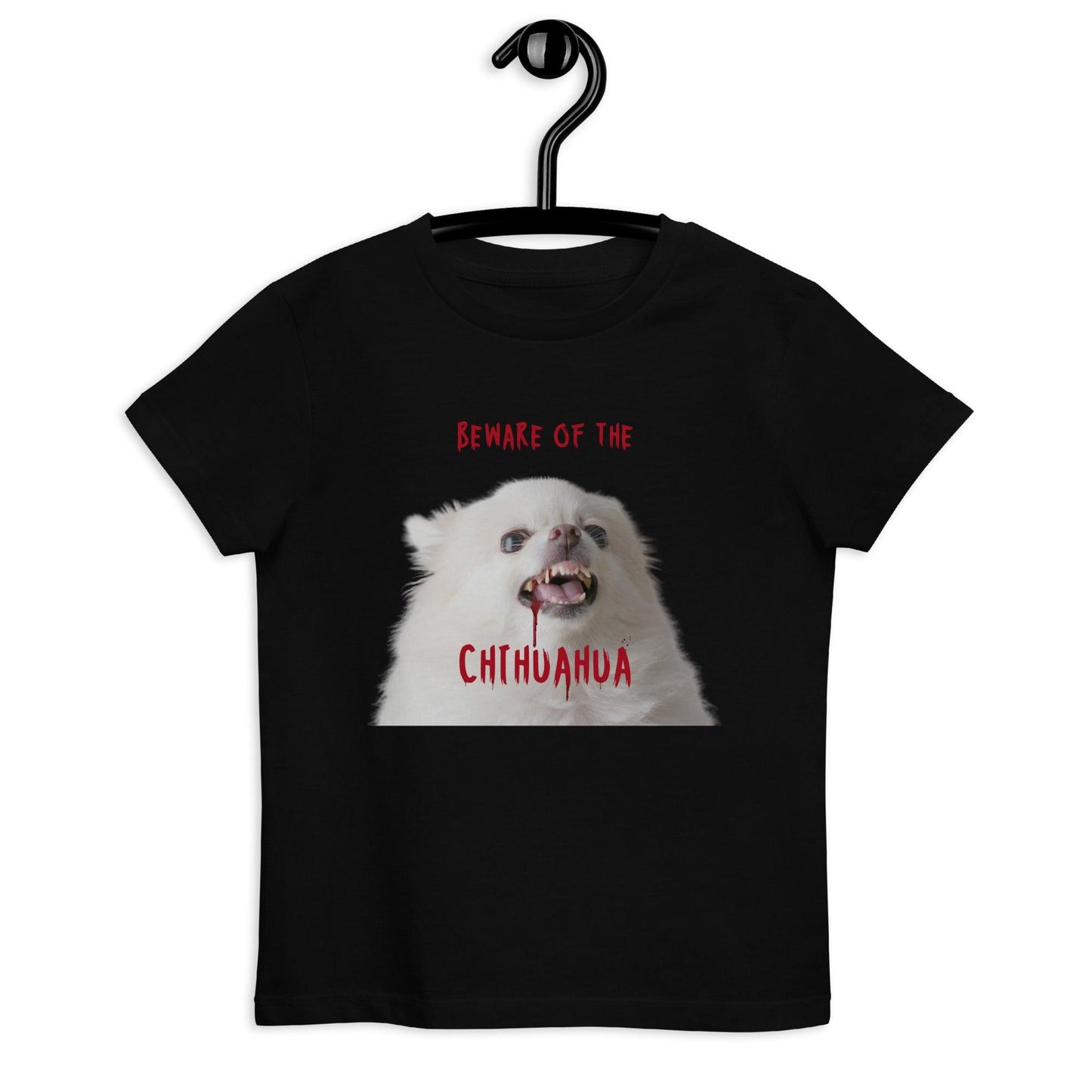 Beware of the Chihuahua - Zombie Chihuahua - organic cotton black Halloween t-shirt for kids age 3-14 years. Design by Renate Kriegler for Chimigos.