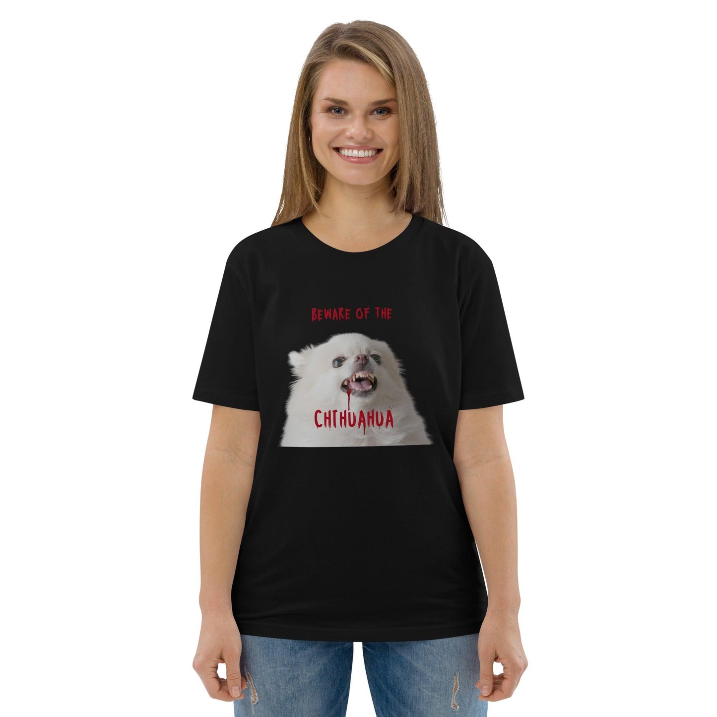 Beware of the Chihuahua - Zombie Chihuahua - organic cotton black Halloween t-shirt for men, women and teens. Design by Renate Kriegler for Chimigos.