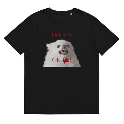 Beware of the Chihuahua - Zombie Chihuahua - organic cotton black Halloween t-shirt for men, women and teens. Design by Renate Kriegler for Chimigos.