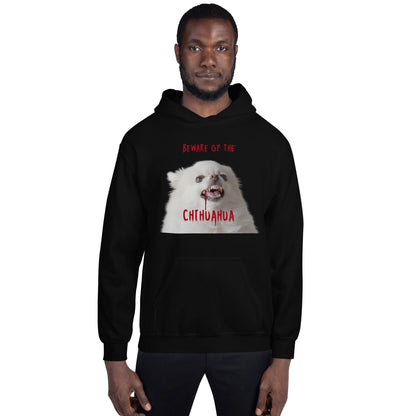 An angelic fluffy white chihuahua with bloody fangs reminds us that looks can be deceiving. BEWARE OF CHIHUAHUA! Our zombie chihuahua hoodie makes a punky gift, or your Halloween costume for work! Pullover hoodie with handwarmer front pouch. Sizes Small through 5XL for men, women and teens. Design by Renate Kriegler for Chimigos.