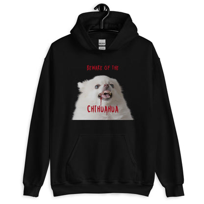 An angelic fluffy white chihuahua with bloody fangs reminds us that looks can be deceiving. BEWARE OF CHIHUAHUA! Our zombie chihuahua hoodie makes a punky gift, or your Halloween costume for work! Pullover hoodie with handwarmer front pouch. Sizes Small through 5XL for men, women and teens. Design by Renate Kriegler for Chimigos.
