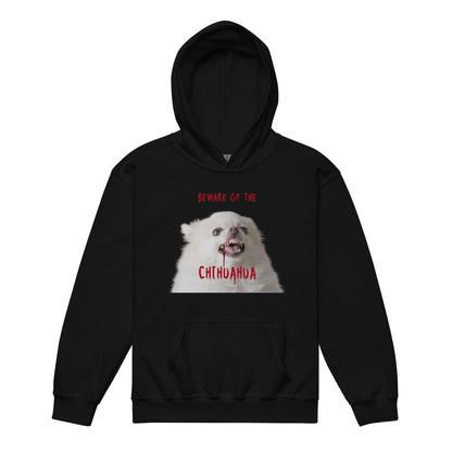 An angelic fluffy white chihuahua with bloody fangs reminds us that looks can be deceiving. BEWARE OF CHIHUAHUA! This zombie chihuahua hoodie makes a punky Halloween costume for teenage boys and girls. Classic pullover hoodie with handwarmer front pouch. Variety of unisex youth sizes suitable for girls and boys. Design by Renate Kriegler for Chimigos.