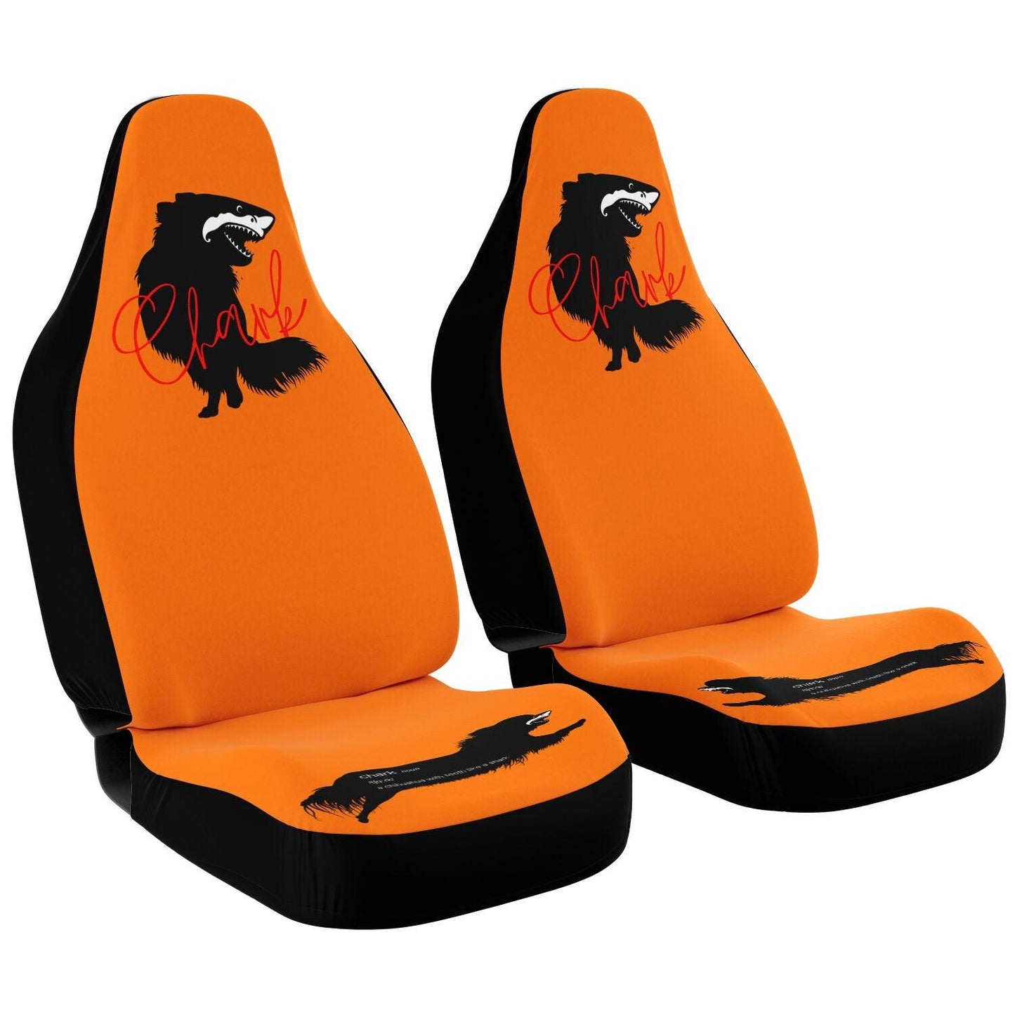 This punky pair of rally orange front car seat covers feature the silhouette of a black longhair chihuahua with the face of a great white shark - mouth open to show off jaws lined with sharp teeth. The word "Chark" is artfully placed in red cursive font over the image. The seat fronts feature another shark-faced chihuahua, and a "dictionary entry" of the noun "chark": a chihuahua with teeth like a shark. Design by Renate Kriegler for Chimigos.
