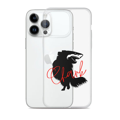 Chihuahua + Shark = Chark Clear iPhone case with the black silhouette of a longhaired chihuahua with the face of a great white shark - mouth open to show off jaws lined with lots of sharp white teeth. The word "Chark" is artfully placed in red cursive font over the image. For trendy chi lovers. iPhone 14 pro max case.