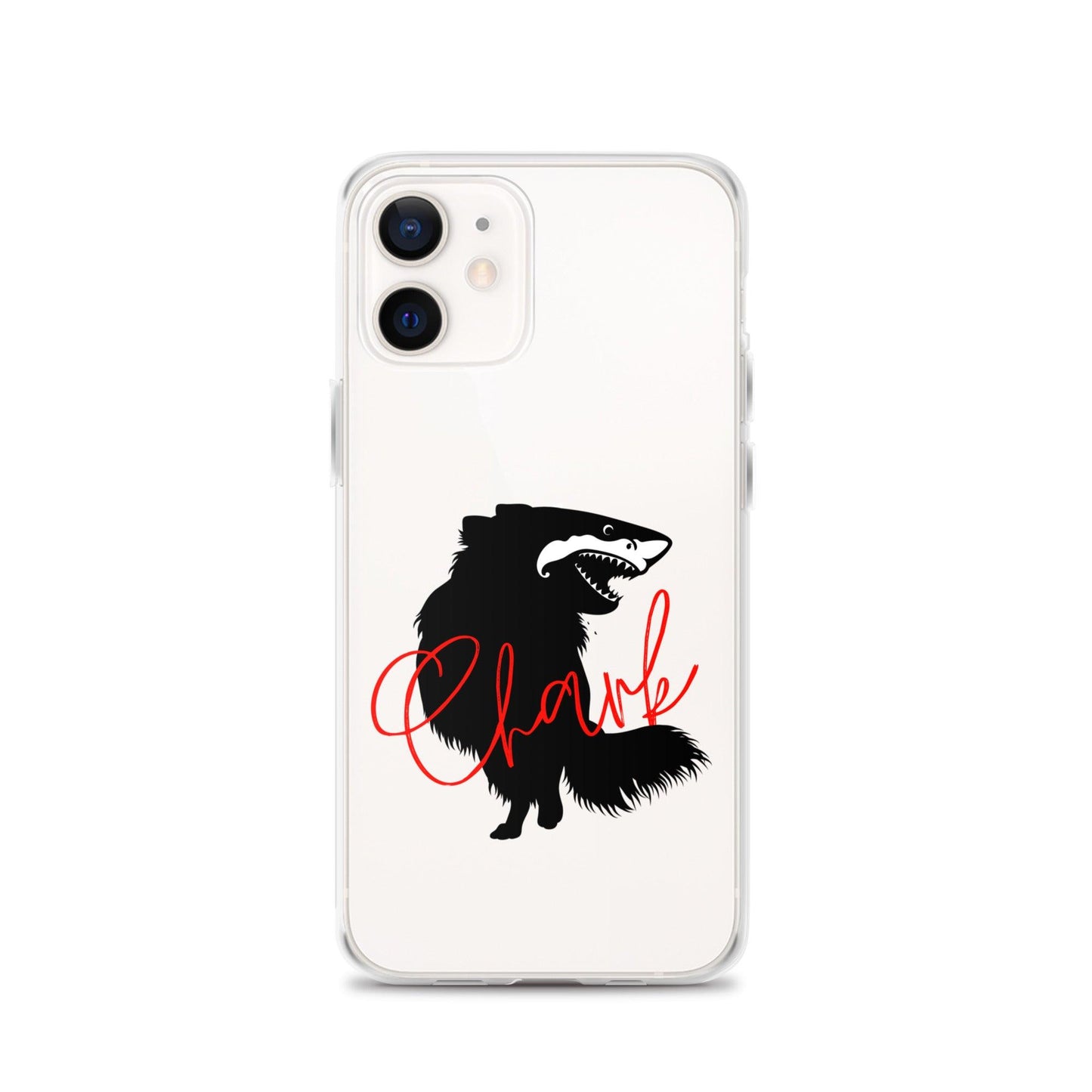 Chihuahua + Shark = Chark Clear iPhone case with the black silhouette of a longhaired chihuahua with the face of a great white shark - mouth open to show off jaws lined with lots of sharp white teeth. The word "Chark" is artfully placed in red cursive font over the image. For trendy chi lovers. iPhone 12 case.