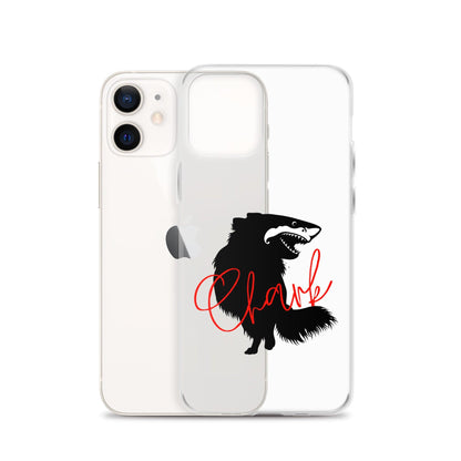 Chihuahua + Shark = Chark Clear iPhone case with the black silhouette of a longhaired chihuahua with the face of a great white shark - mouth open to show off jaws lined with lots of sharp white teeth. The word "Chark" is artfully placed in red cursive font over the image. For trendy chi lovers. iPhone 12 case.