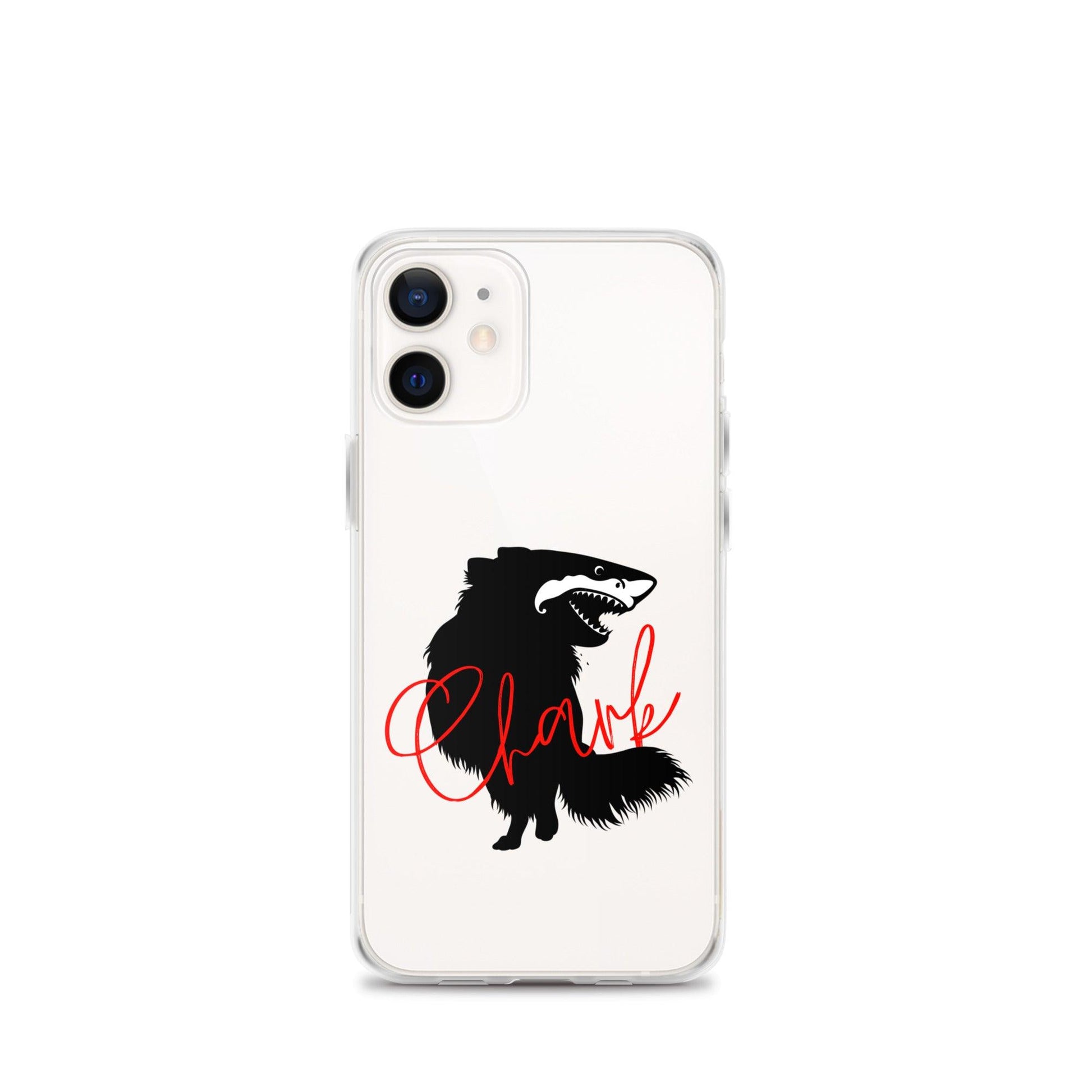 Chihuahua + Shark = Chark Clear iPhone case with the black silhouette of a longhaired chihuahua with the face of a great white shark - mouth open to show off jaws lined with lots of sharp white teeth. The word "Chark" is artfully placed in red cursive font over the image. For trendy chi lovers. iPhone 12 mini case.