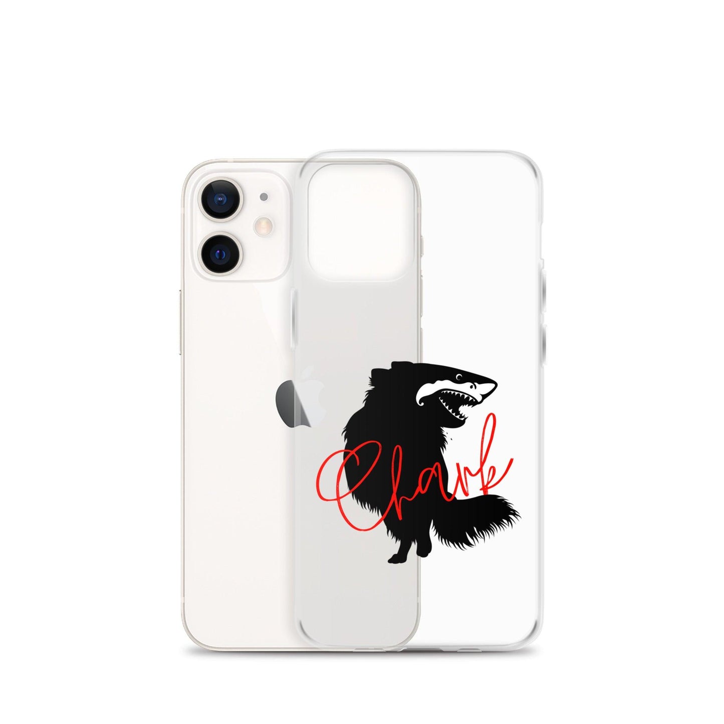 Chihuahua + Shark = Chark Clear iPhone case with the black silhouette of a longhaired chihuahua with the face of a great white shark - mouth open to show off jaws lined with lots of sharp white teeth. The word "Chark" is artfully placed in red cursive font over the image. For trendy chi lovers. iPhone 12 mini case.