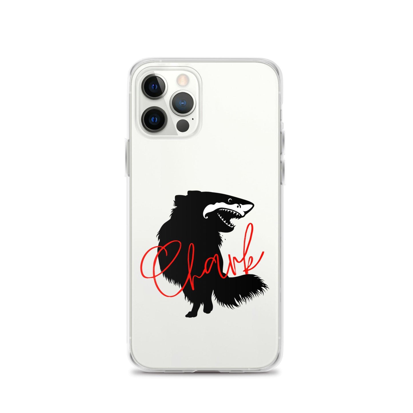 Chihuahua + Shark = Chark Clear iPhone case with the black silhouette of a longhaired chihuahua with the face of a great white shark - mouth open to show off jaws lined with lots of sharp white teeth. The word "Chark" is artfully placed in red cursive font over the image. For trendy chi lovers. iPhone 12 pro case.