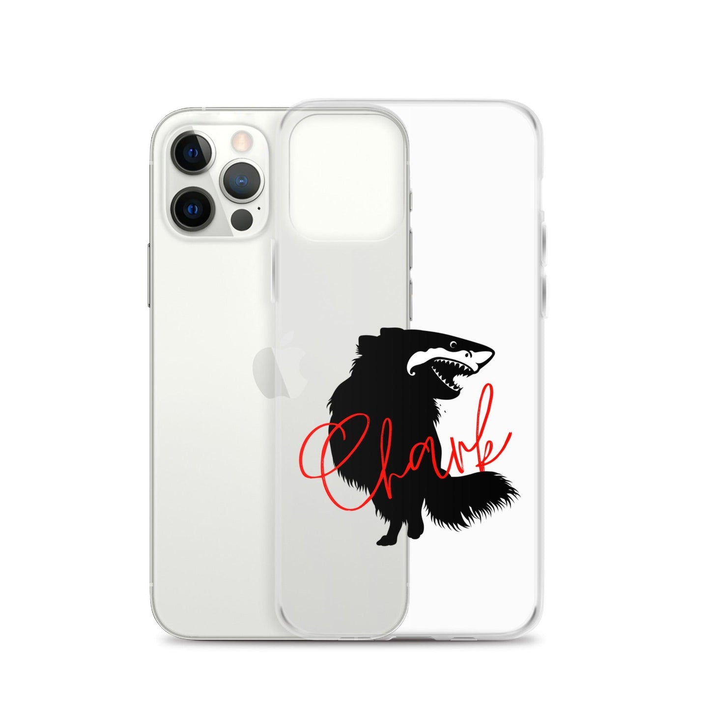 Chihuahua + Shark = Chark Clear iPhone case with the black silhouette of a longhaired chihuahua with the face of a great white shark - mouth open to show off jaws lined with lots of sharp white teeth. The word "Chark" is artfully placed in red cursive font over the image. For trendy chi lovers. iPhone 12 pro case.