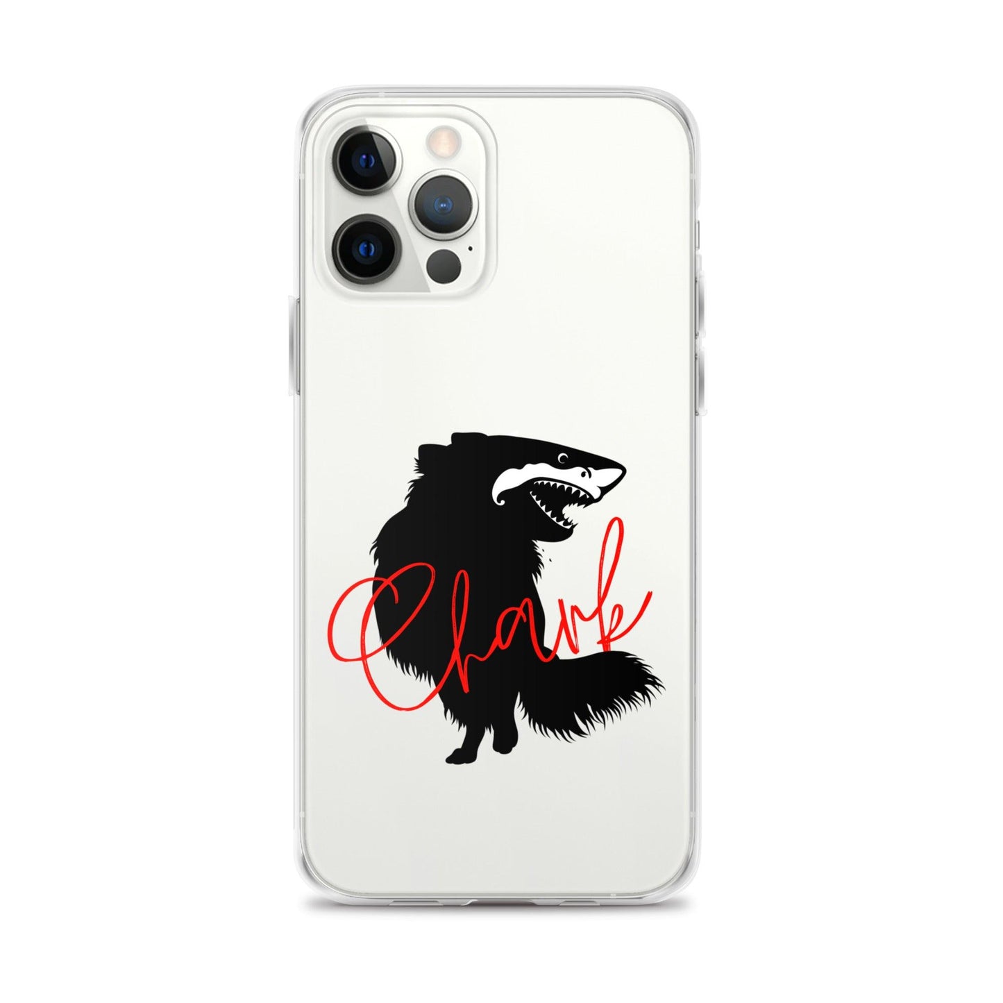 Chihuahua + Shark = Chark Clear iPhone case with the black silhouette of a longhaired chihuahua with the face of a great white shark - mouth open to show off jaws lined with lots of sharp white teeth. The word "Chark" is artfully placed in red cursive font over the image. For trendy chi lovers. iPhone 12 pro max case.
