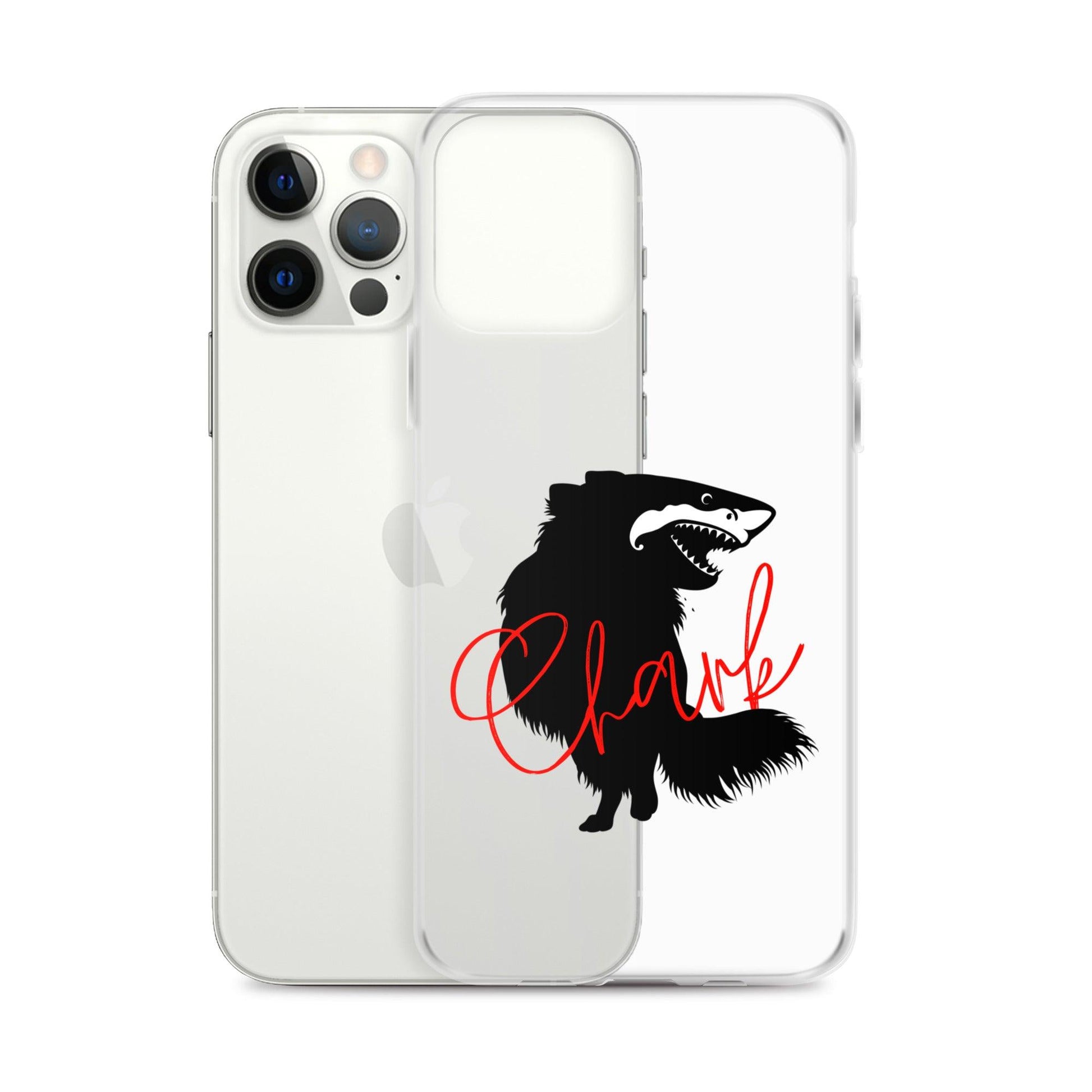 Chihuahua + Shark = Chark Clear iPhone case with the black silhouette of a longhaired chihuahua with the face of a great white shark - mouth open to show off jaws lined with lots of sharp white teeth. The word "Chark" is artfully placed in red cursive font over the image. For trendy chi lovers. iPhone 12 pro max case.